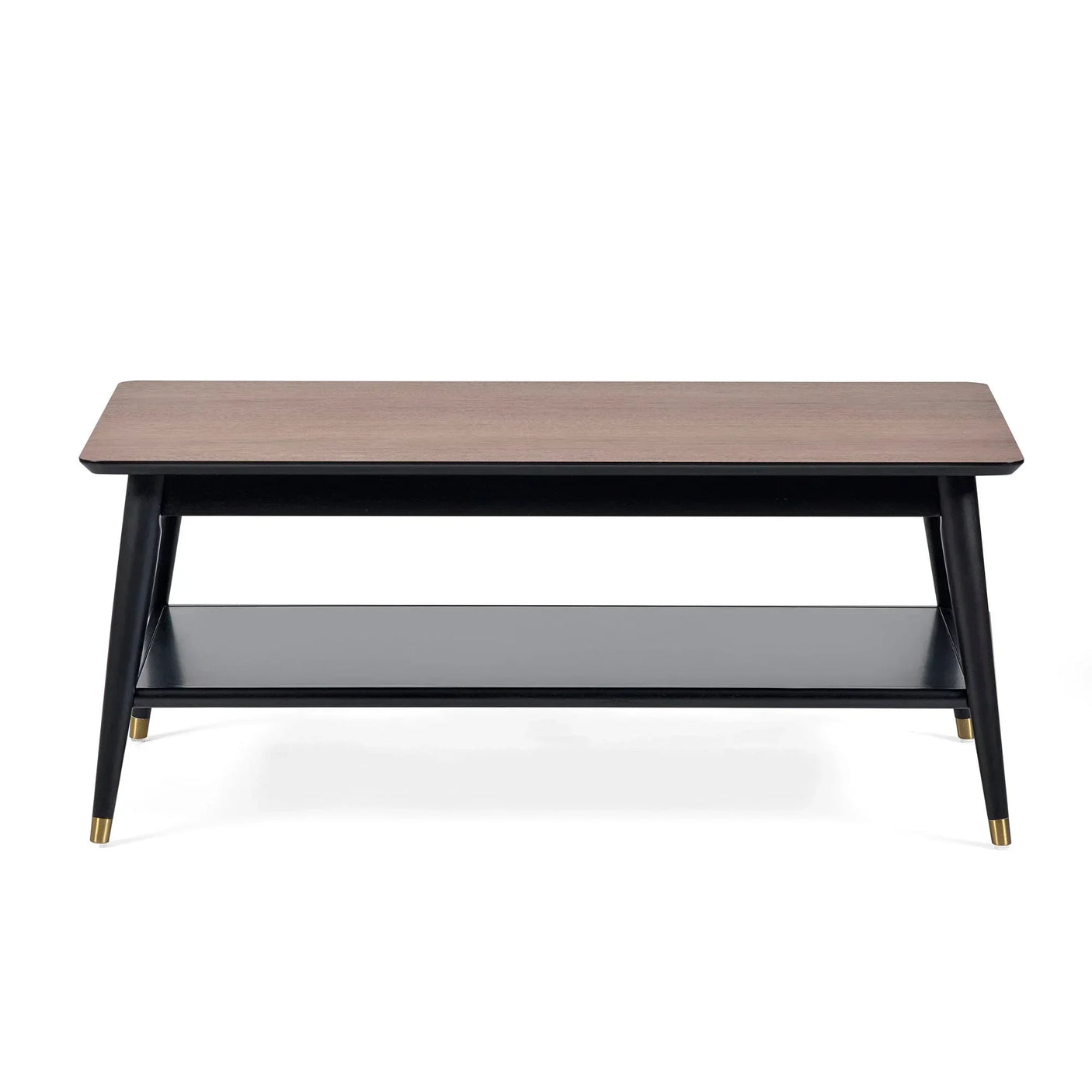Rectangular coffee table with wood top, black legs, lower shelf and gold accents