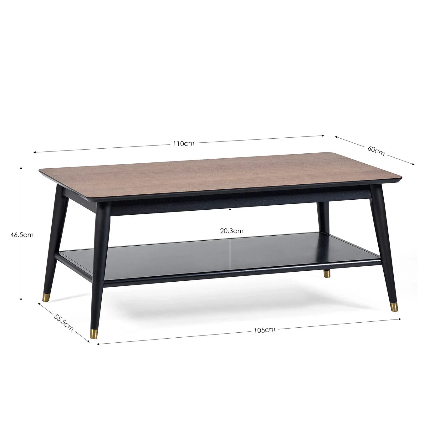 Rectangular wooden coffee table with black shelf, mid-century style, size dimensions shown