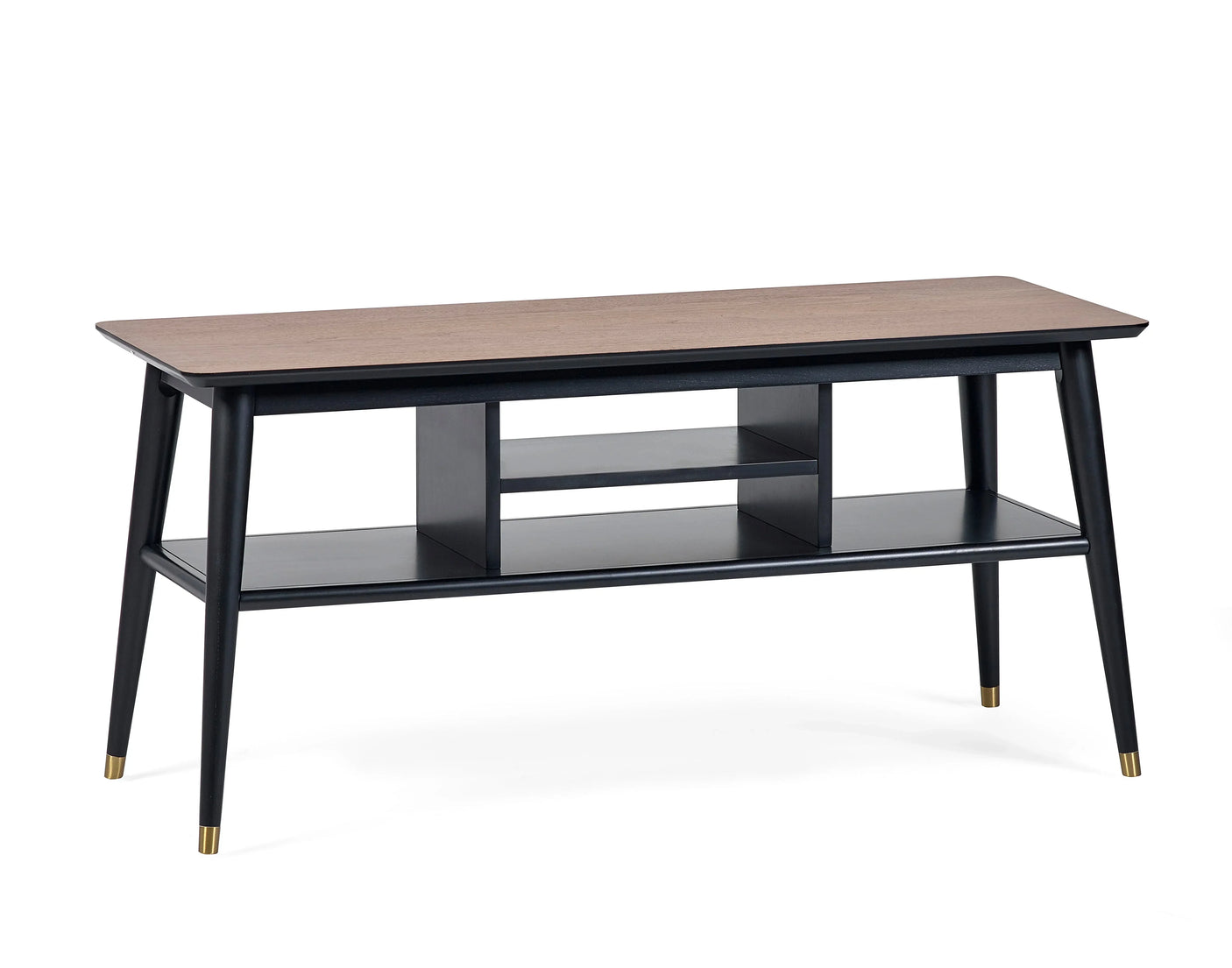Wood media unit with black frame, open shelving and gold tipped legs, front angle view