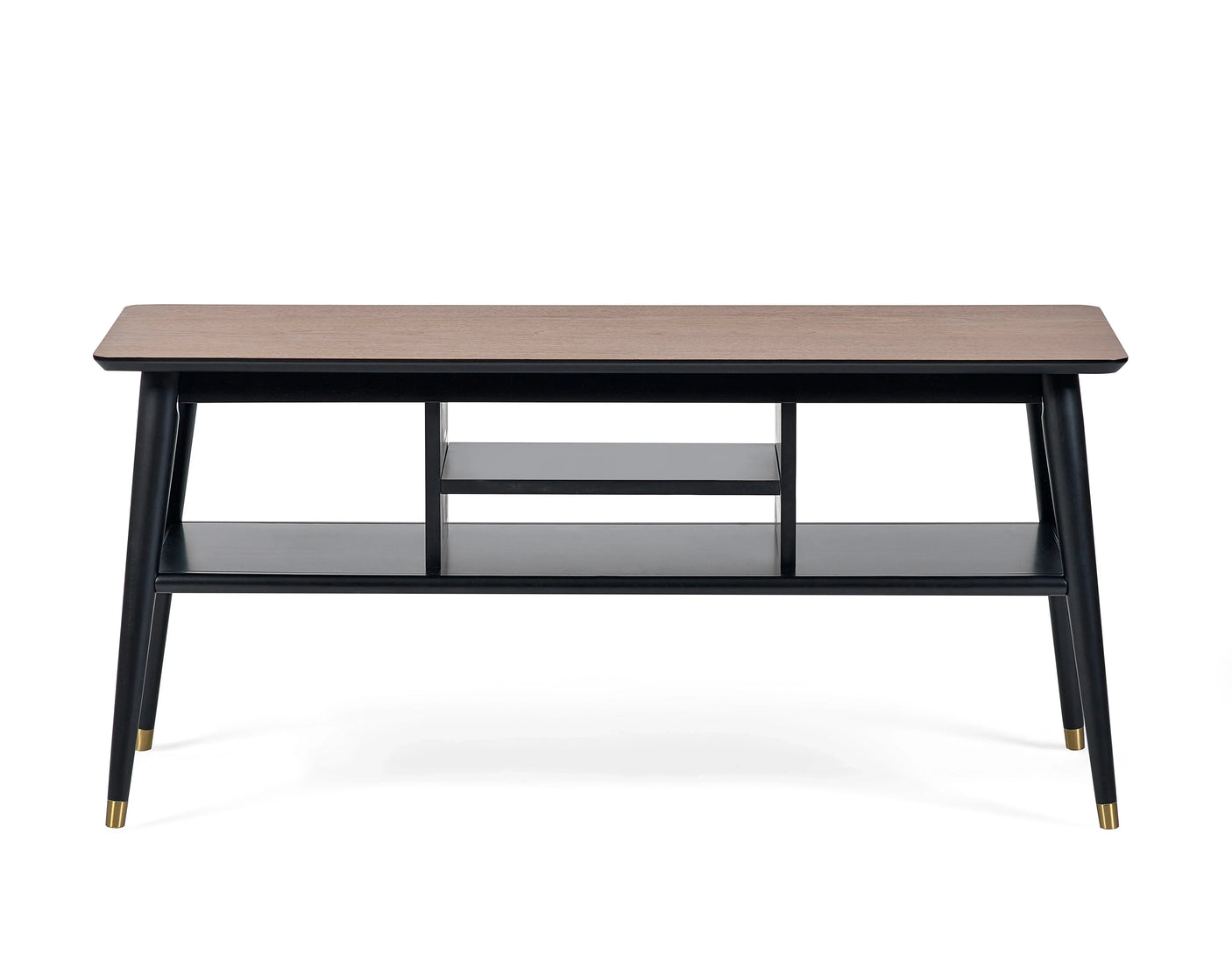 Black and wood media unit with open shelving and gold tipped legs, front view