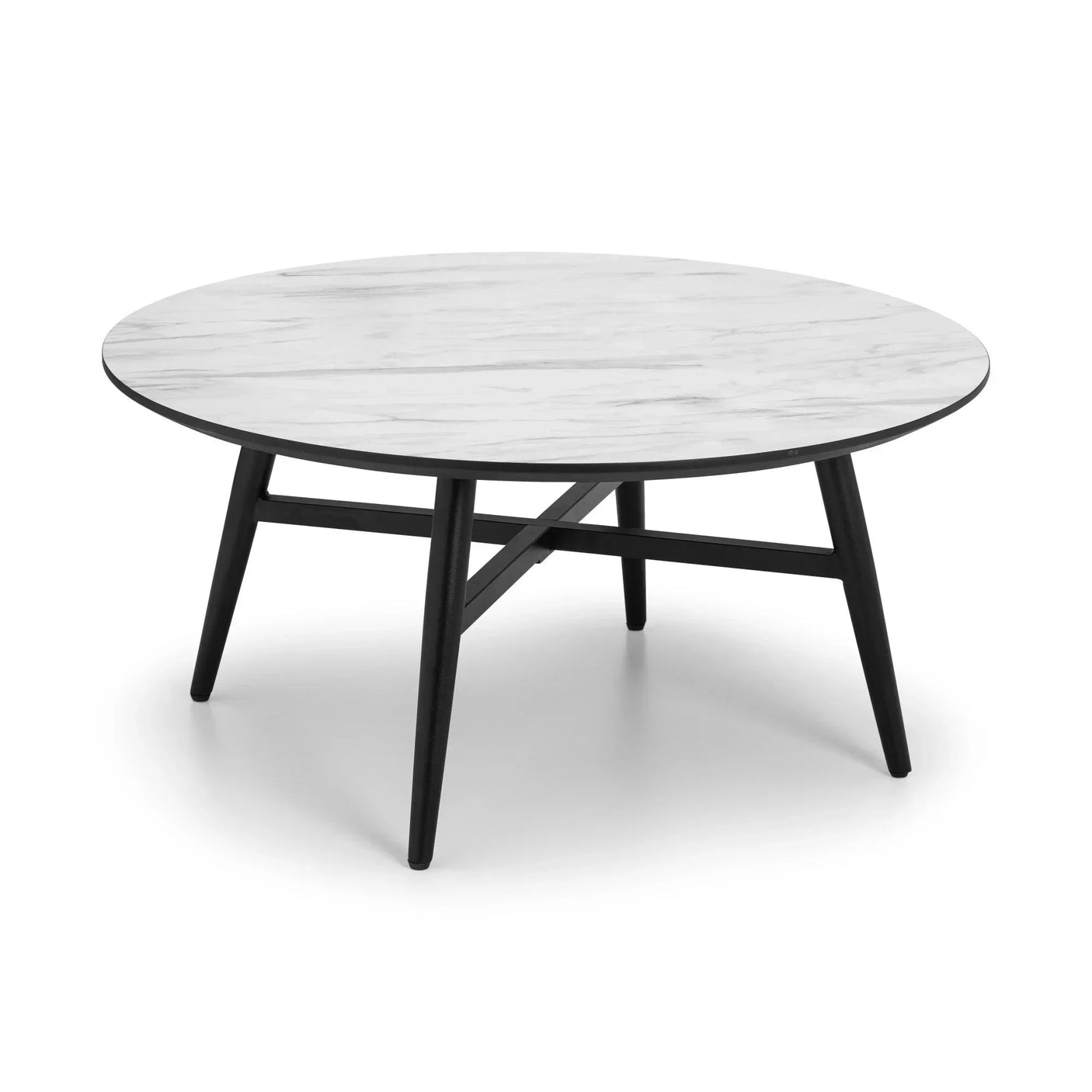 Round marble coffee table with black wooden legs on white background