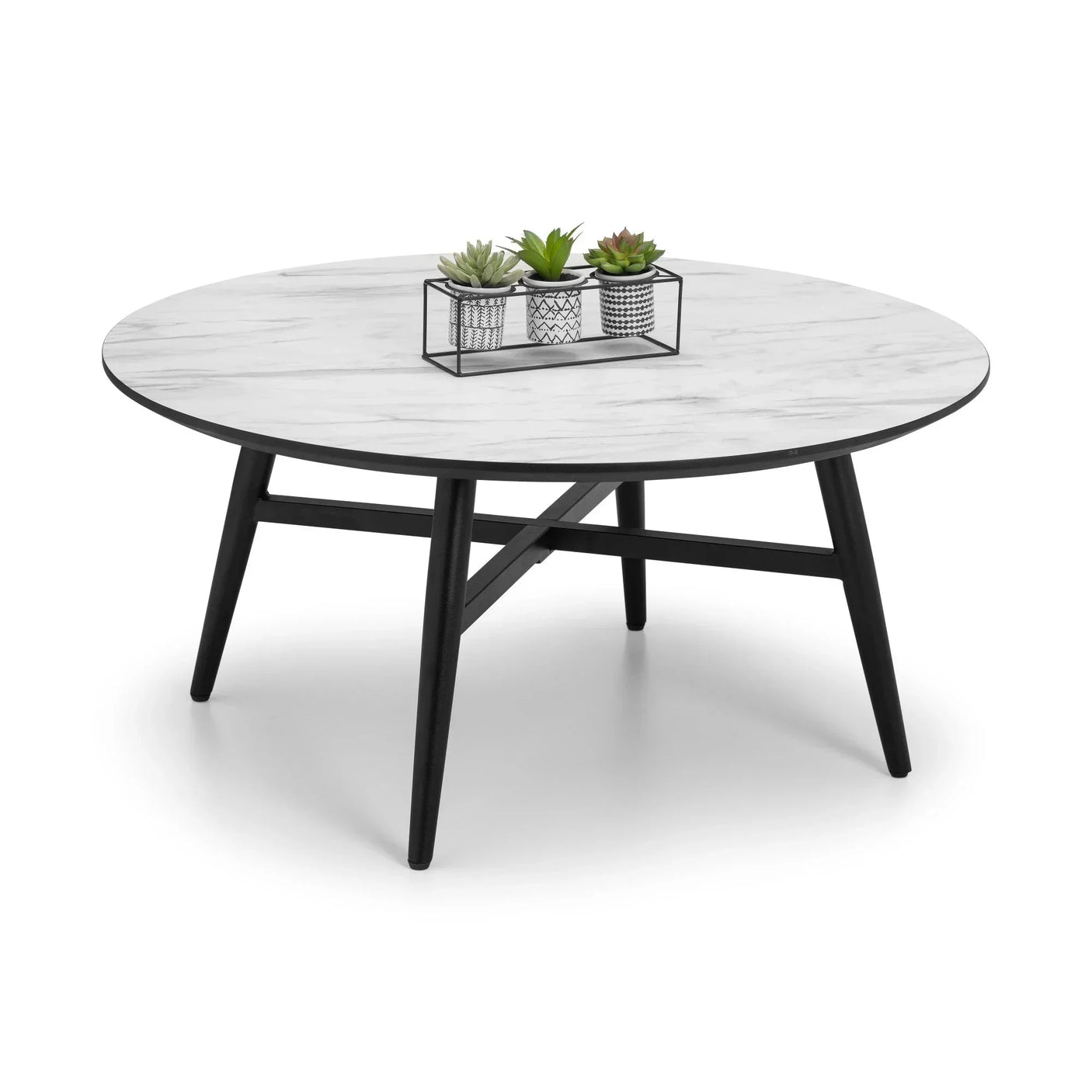 Round marble effect coffee table with black legs and decorative succulents