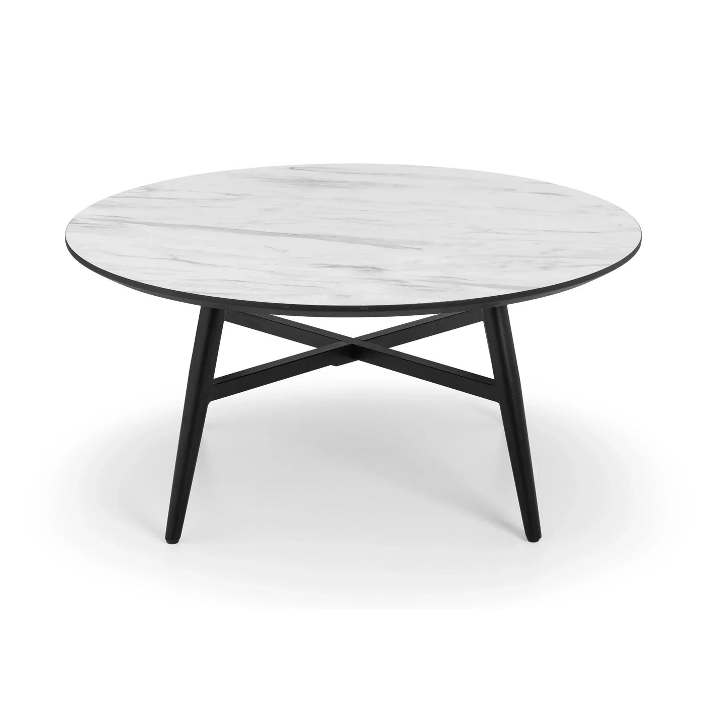 Round marble coffee table with black metal legs, modern design, front view