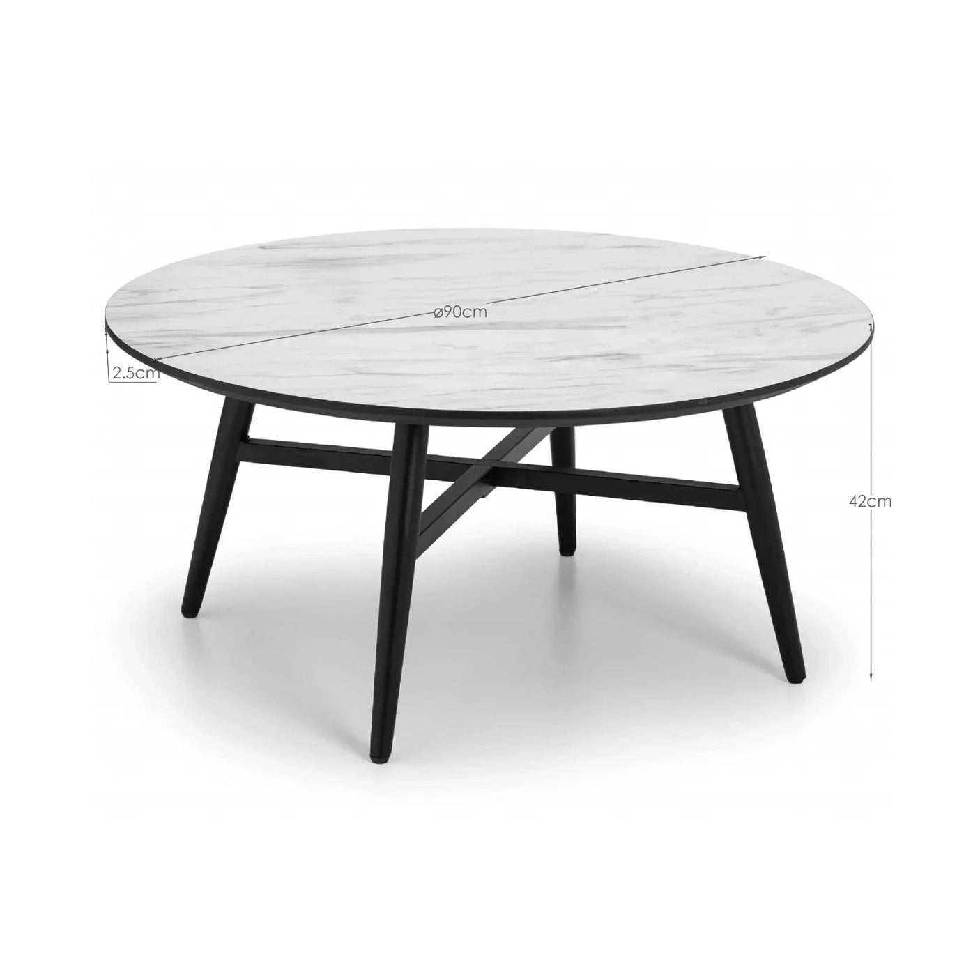 Round marble coffee table with black wooden legs, 90cm diameter, 42cm height