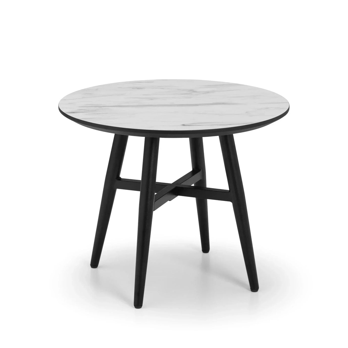 Round marble top dining table with black legs on white background