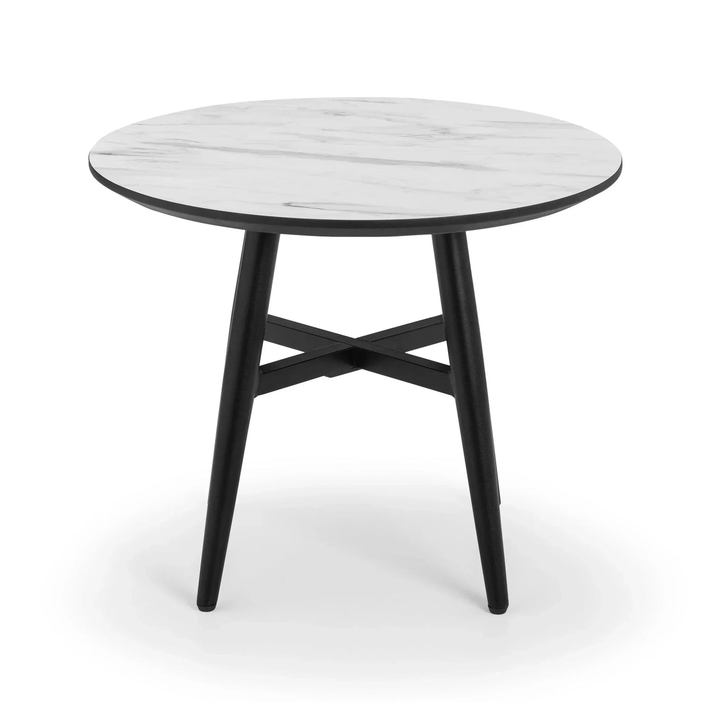 Round dining table with white marble-effect top and black angled legs