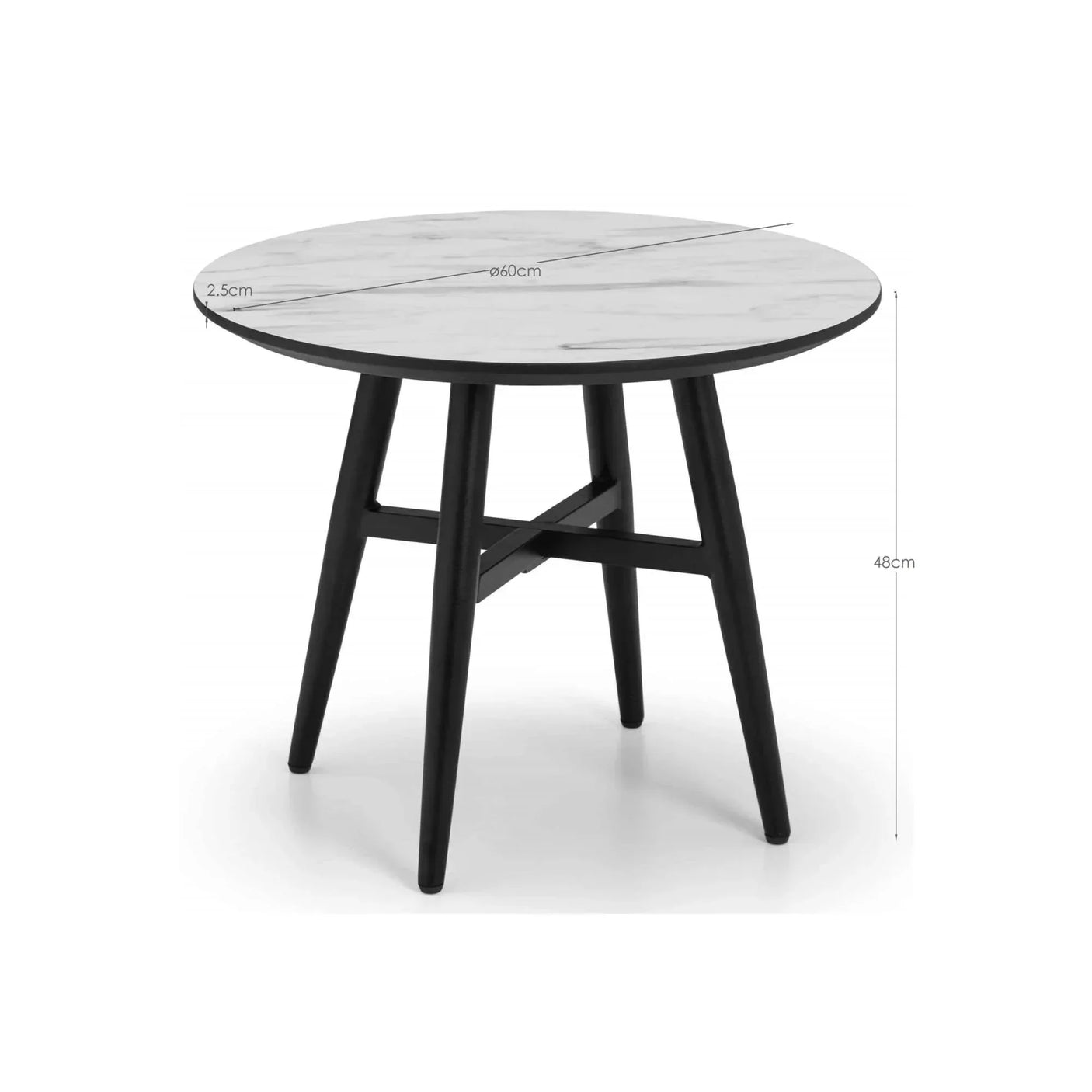 Round marble top coffee table with black wooden legs, side angle view with dimensions