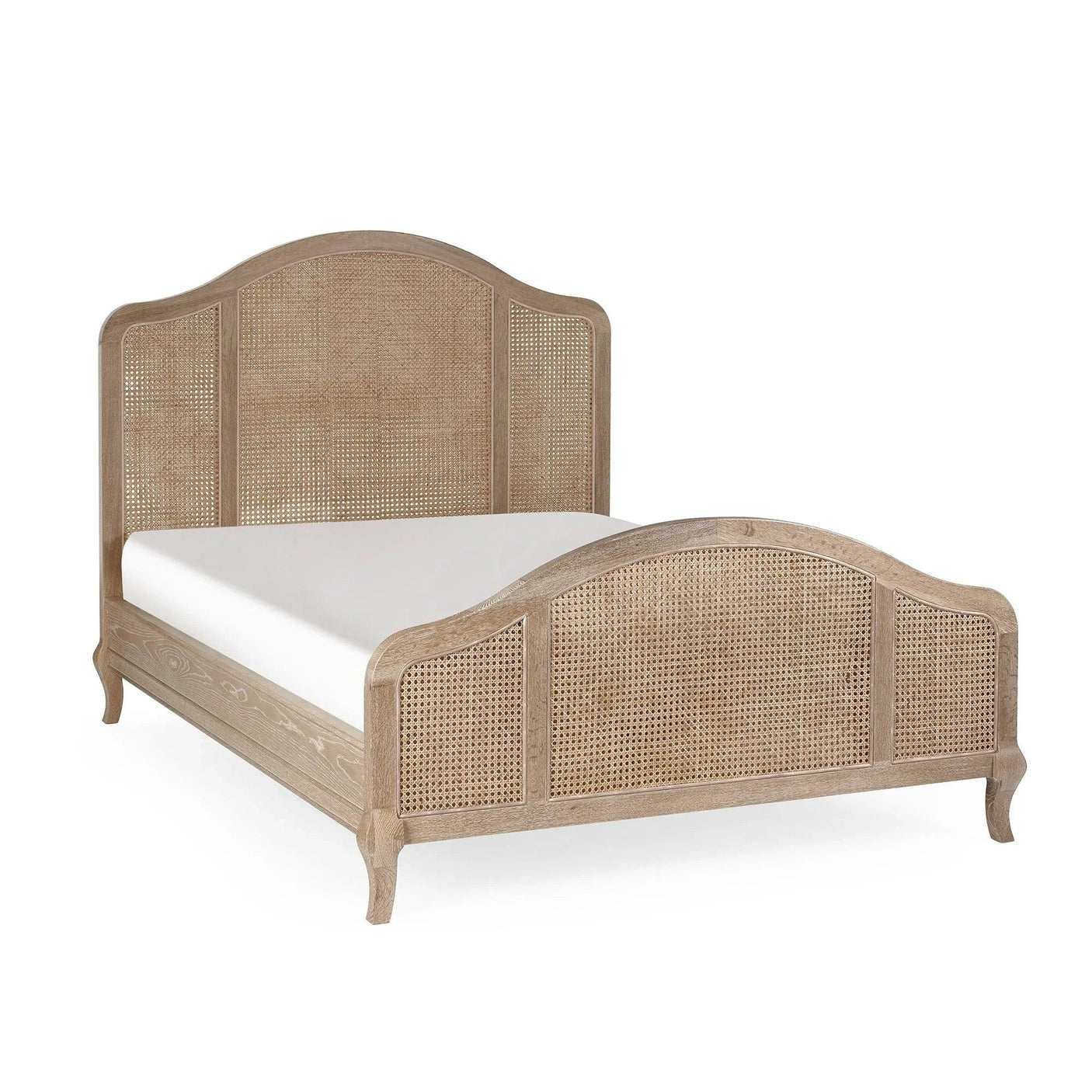 Natural wood rattan bed frame with arched headboard and matching footboard