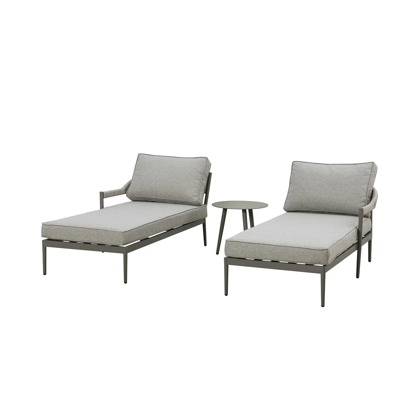 Grey outdoor sun lounger set with metal frame and matching side table on white background