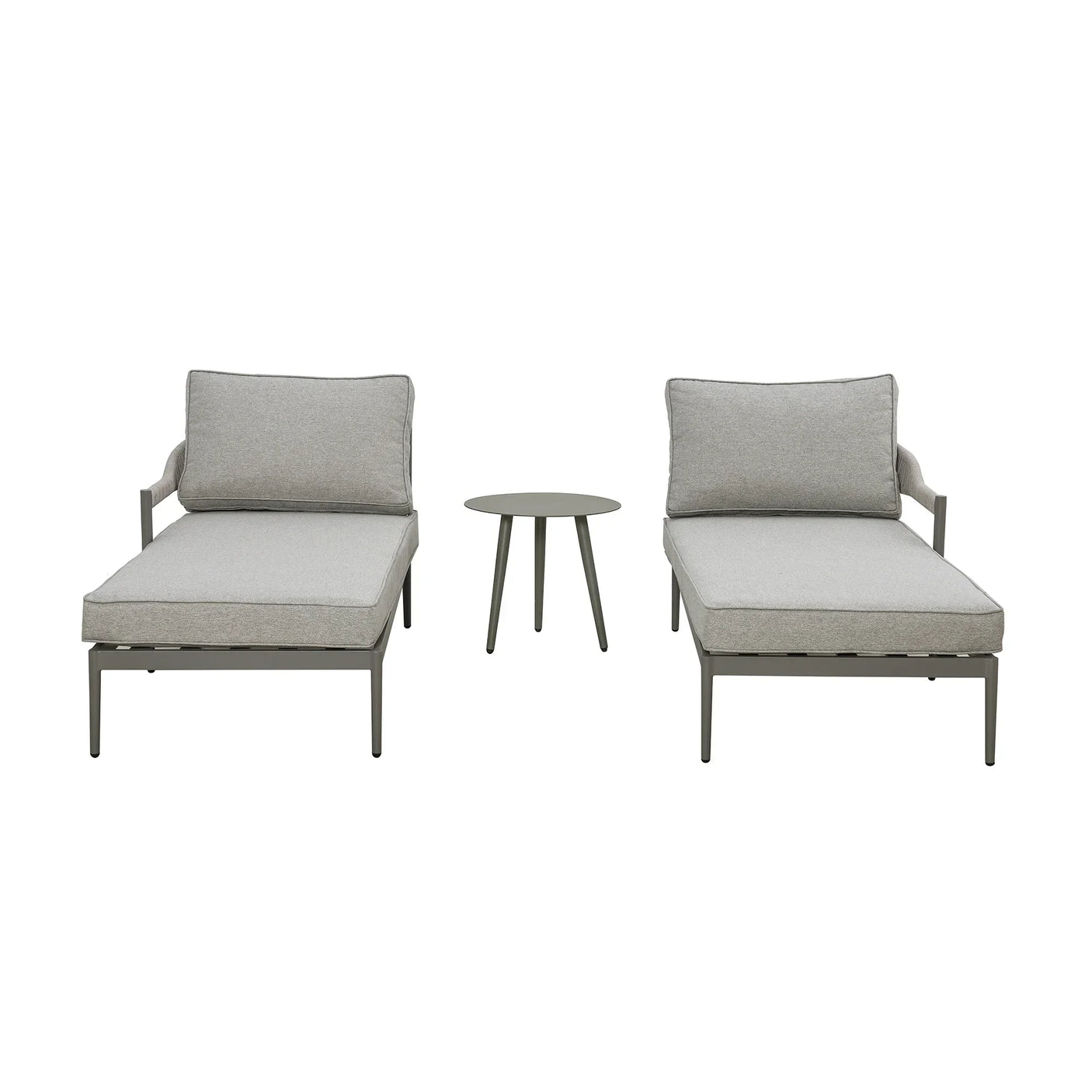 Grey outdoor lounge chair set with two cushioned loungers and round side table