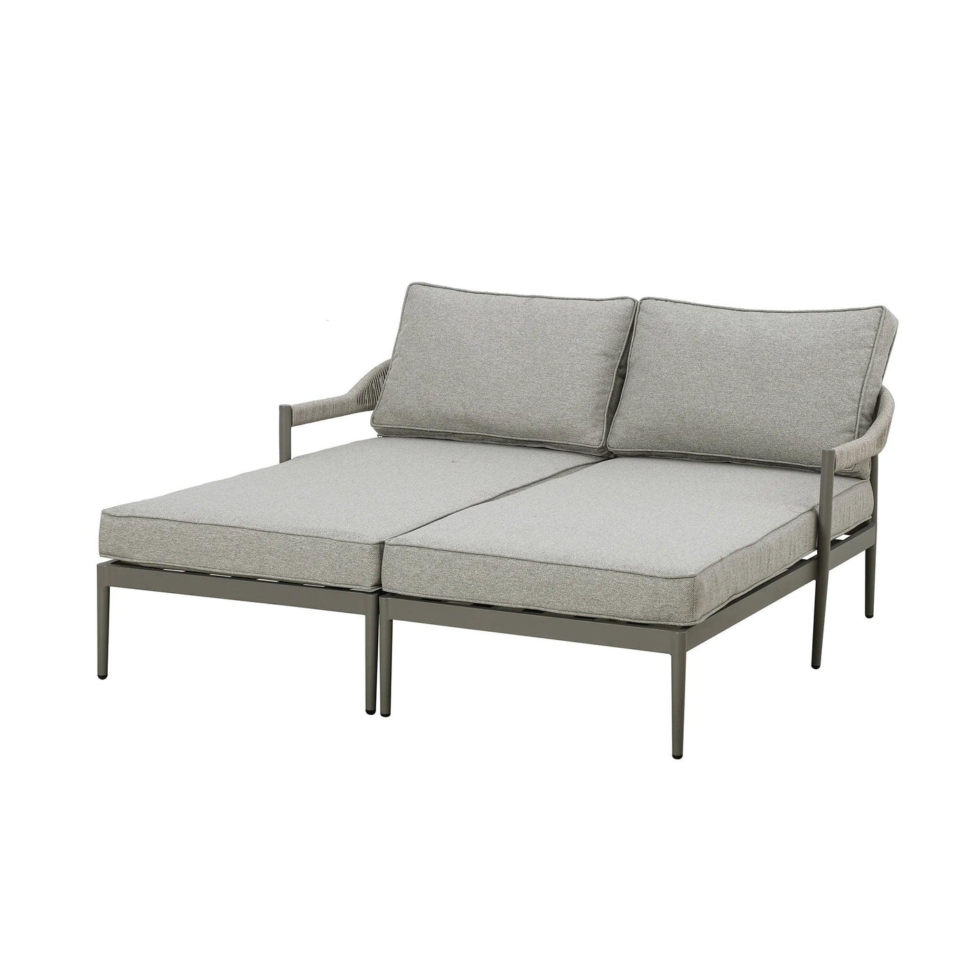 Grey outdoor double sun lounger with cushions and metal frame, angled front view