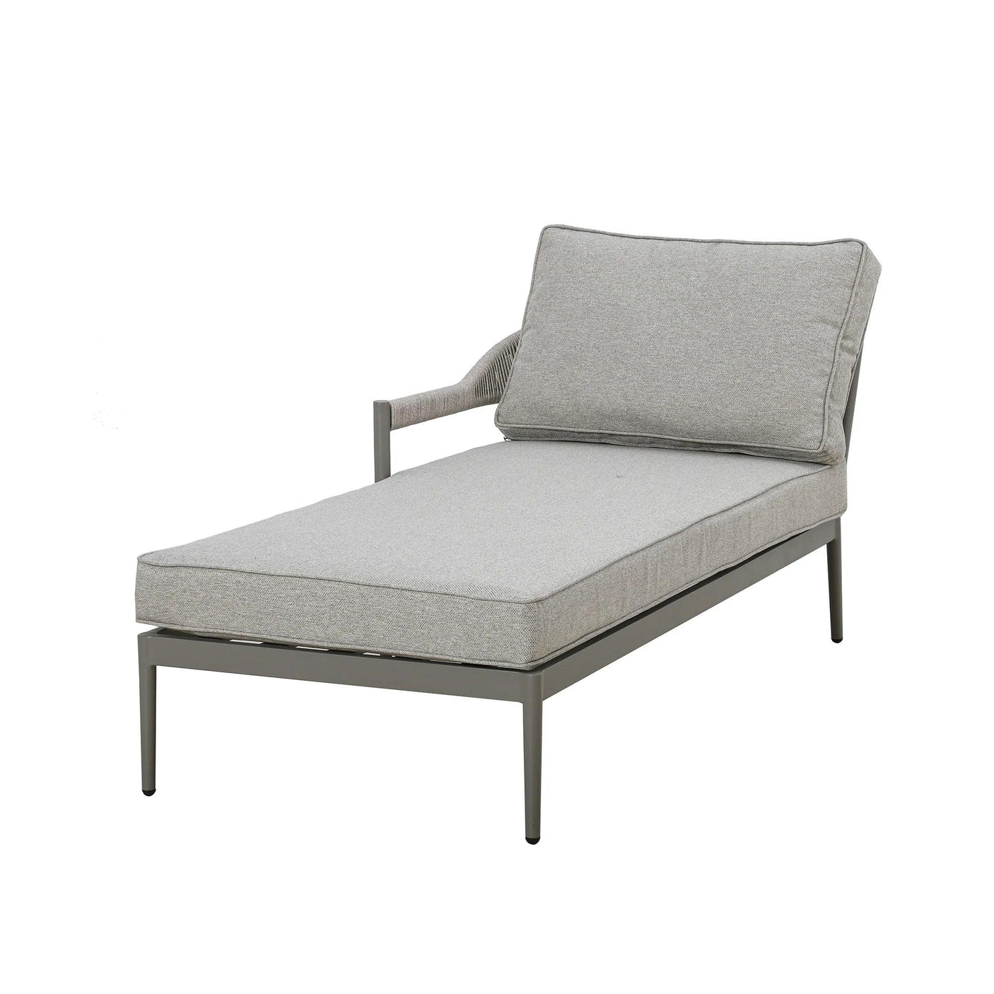 Grey outdoor chaise lounge with padded seat, single armrest, and metal frame