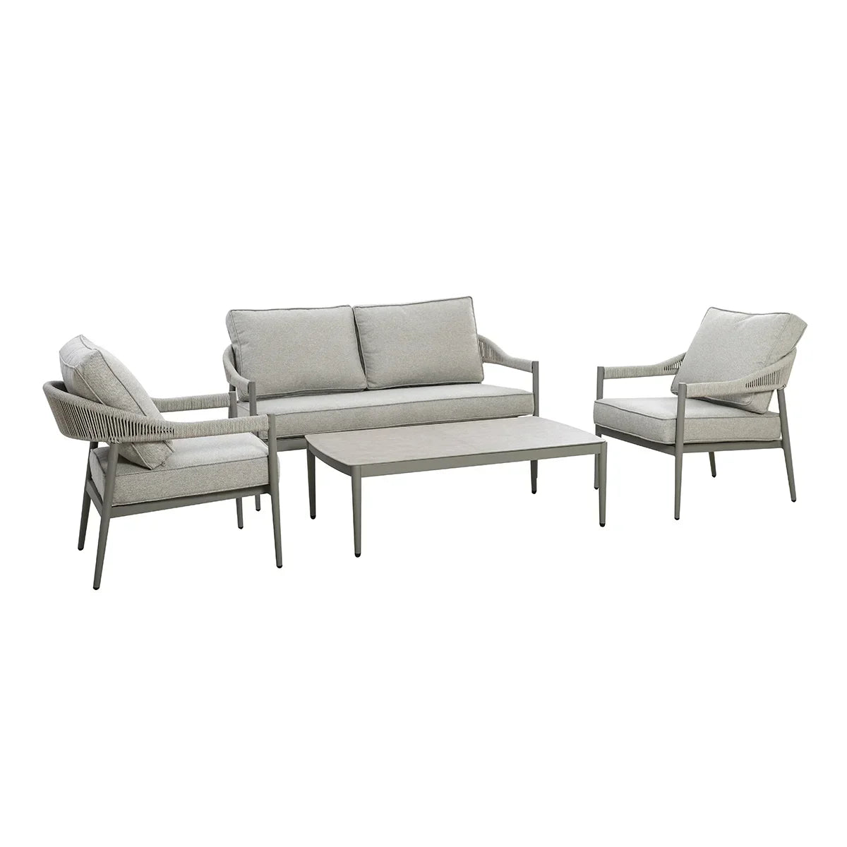 Grey outdoor sofa set with two armchairs and a rectangular coffee table