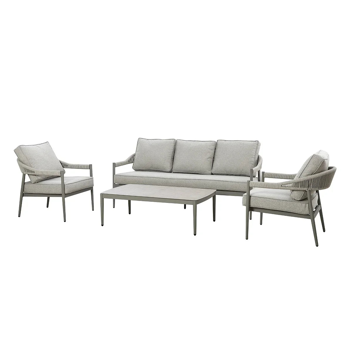 Grey outdoor sofa set with three-seat sofa, two armchairs and rectangular coffee table