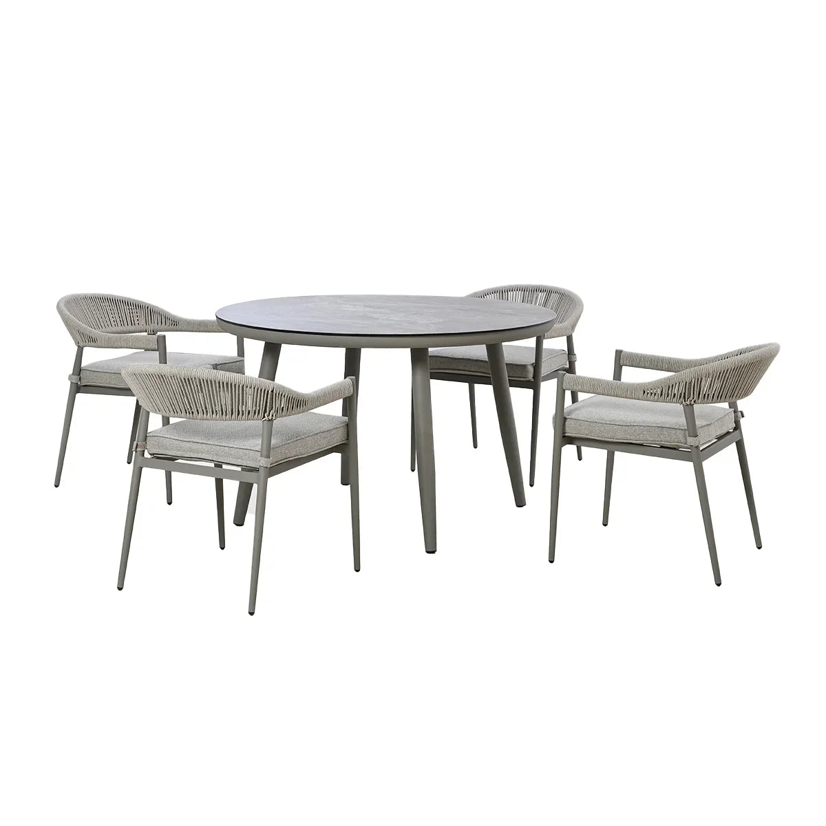 Round grey dining table set with four rope-back chairs and cushioned seats