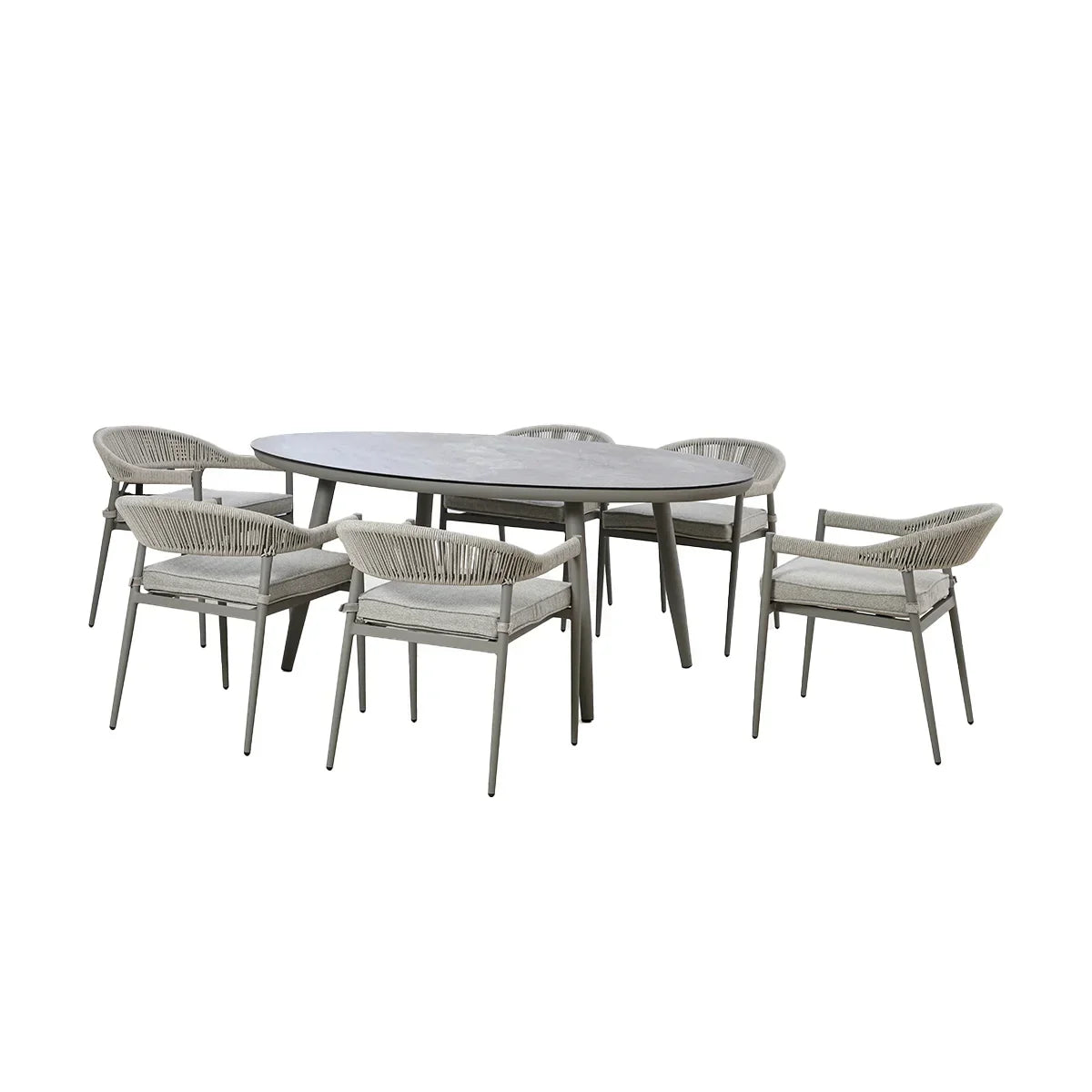Grey oval dining table with six matching rope-back chairs and cushioned seats