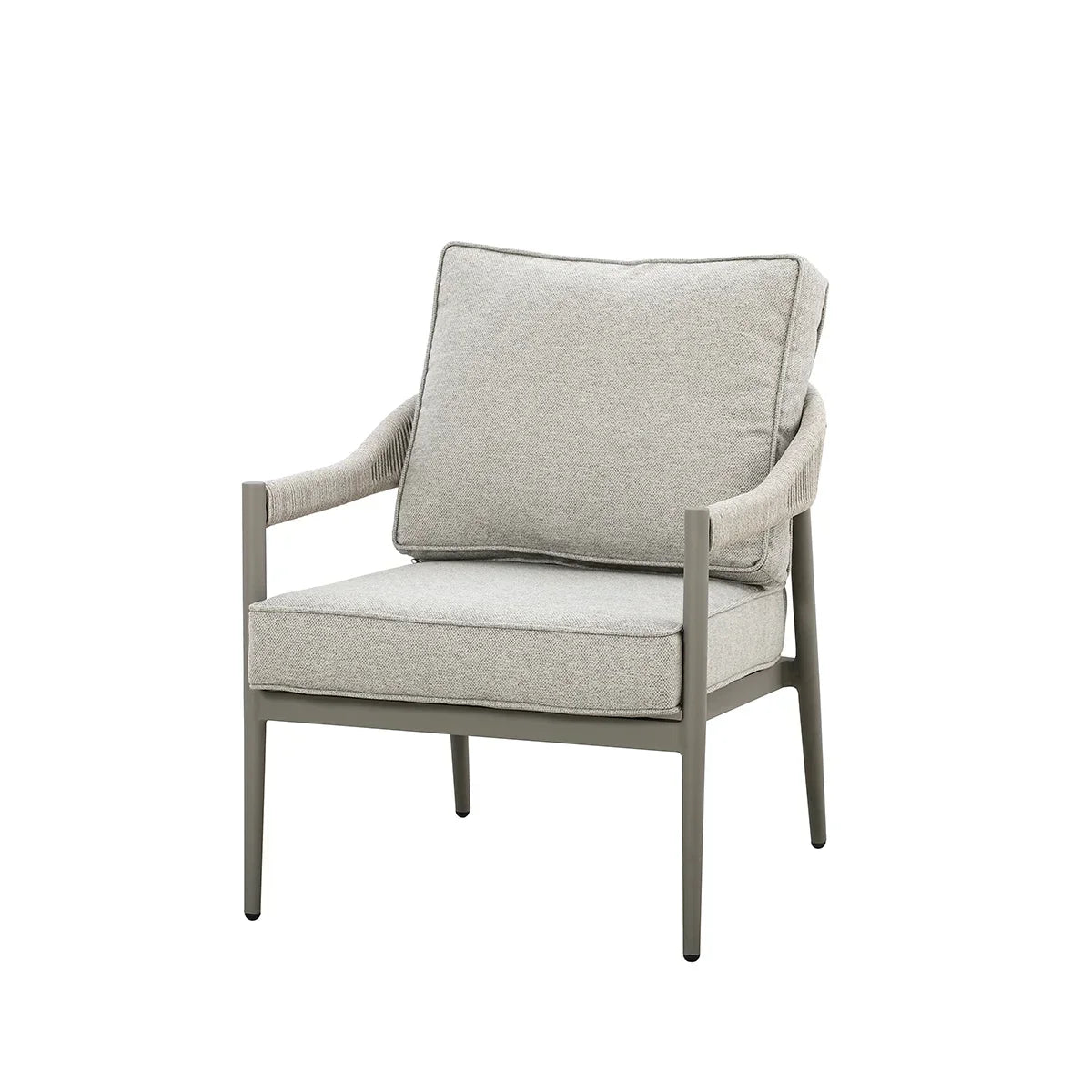 Light grey upholstered armchair with slim metal frame and cushions on white background