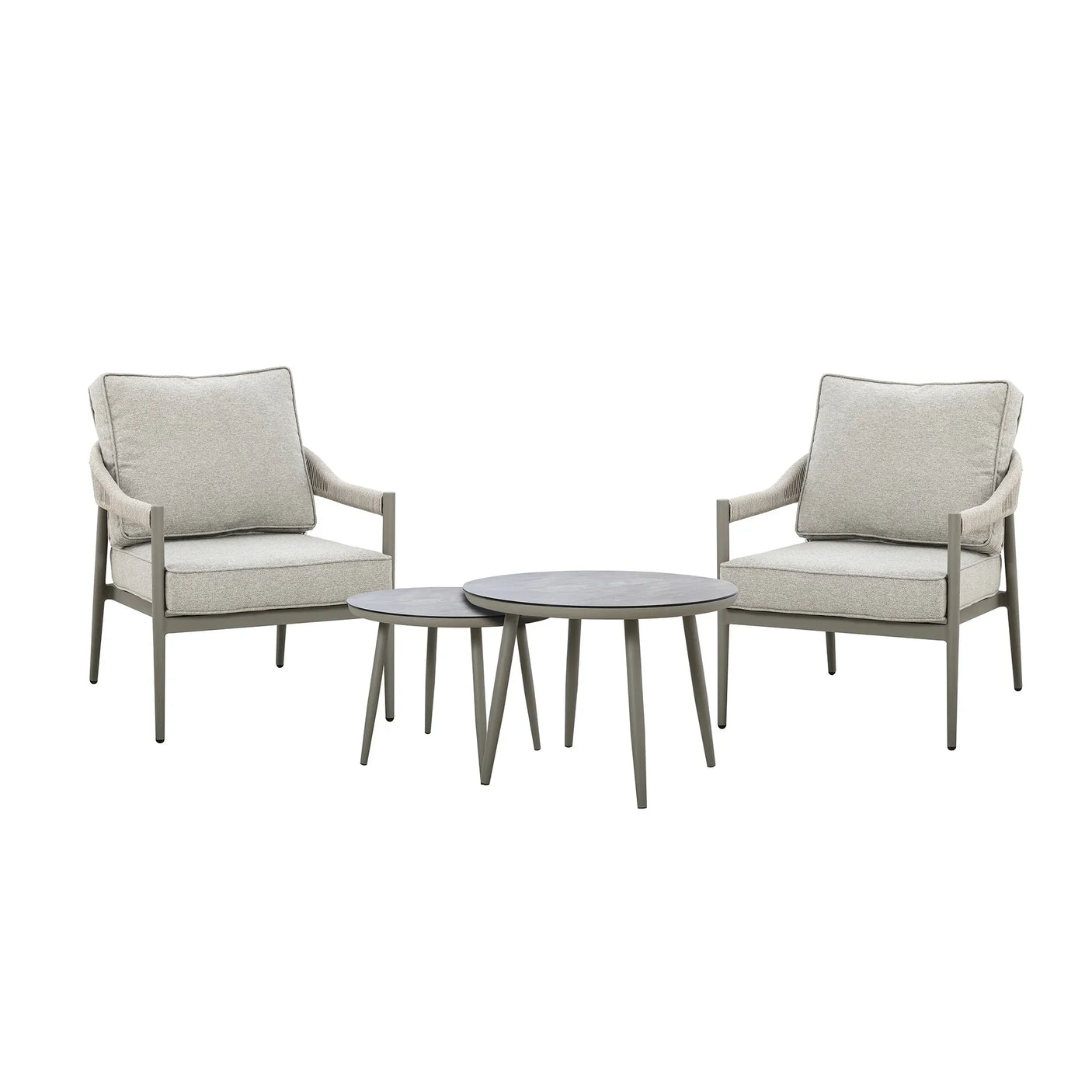 Outdoor lounge set with two grey cushioned chairs and two round nesting coffee tables
