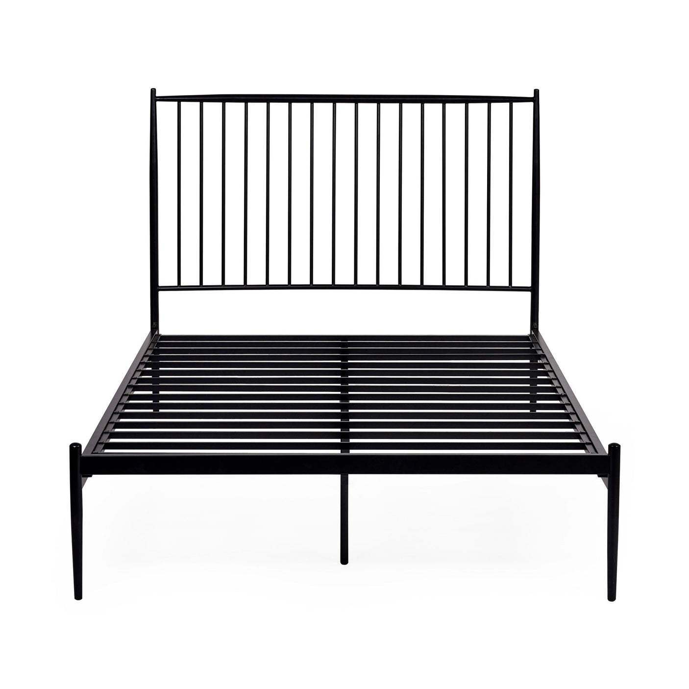 Black metal spindle bed frame viewed head-on without mattress, showing vertical slats and support legs