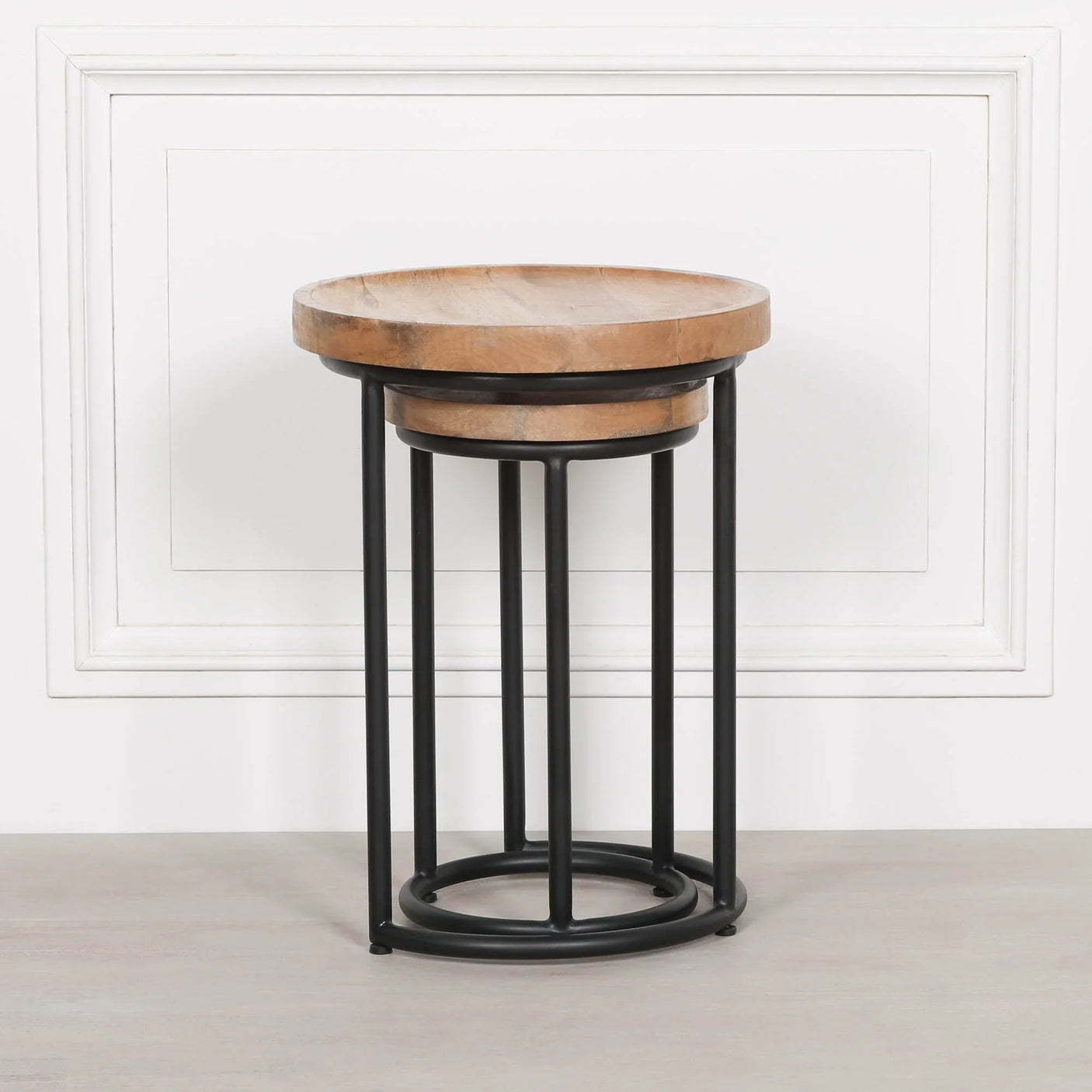 Iron Framed Nested Side Occasional Tables with Wooden Top