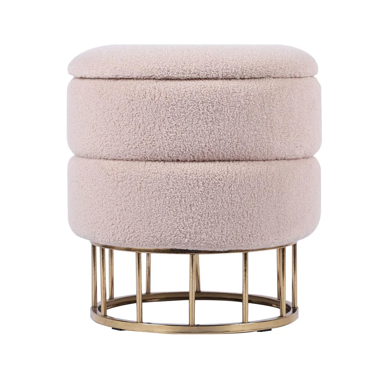 Beige Boucle Round Storage Stool With Gold Legs - Kd