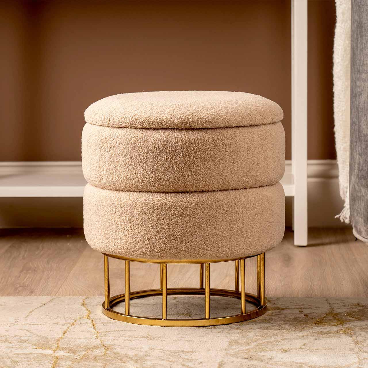 Beige Boucle Round Storage Stool With Gold Legs - Kd