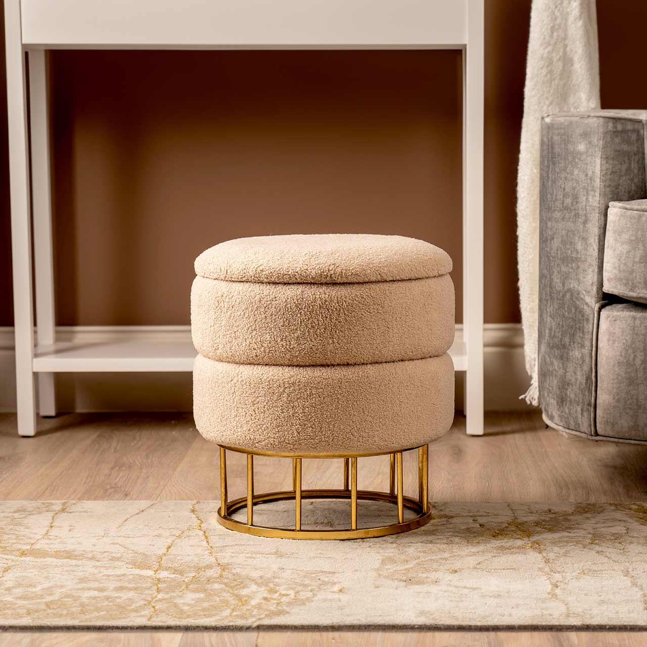 Beige Boucle Round Storage Stool With Gold Legs - Kd