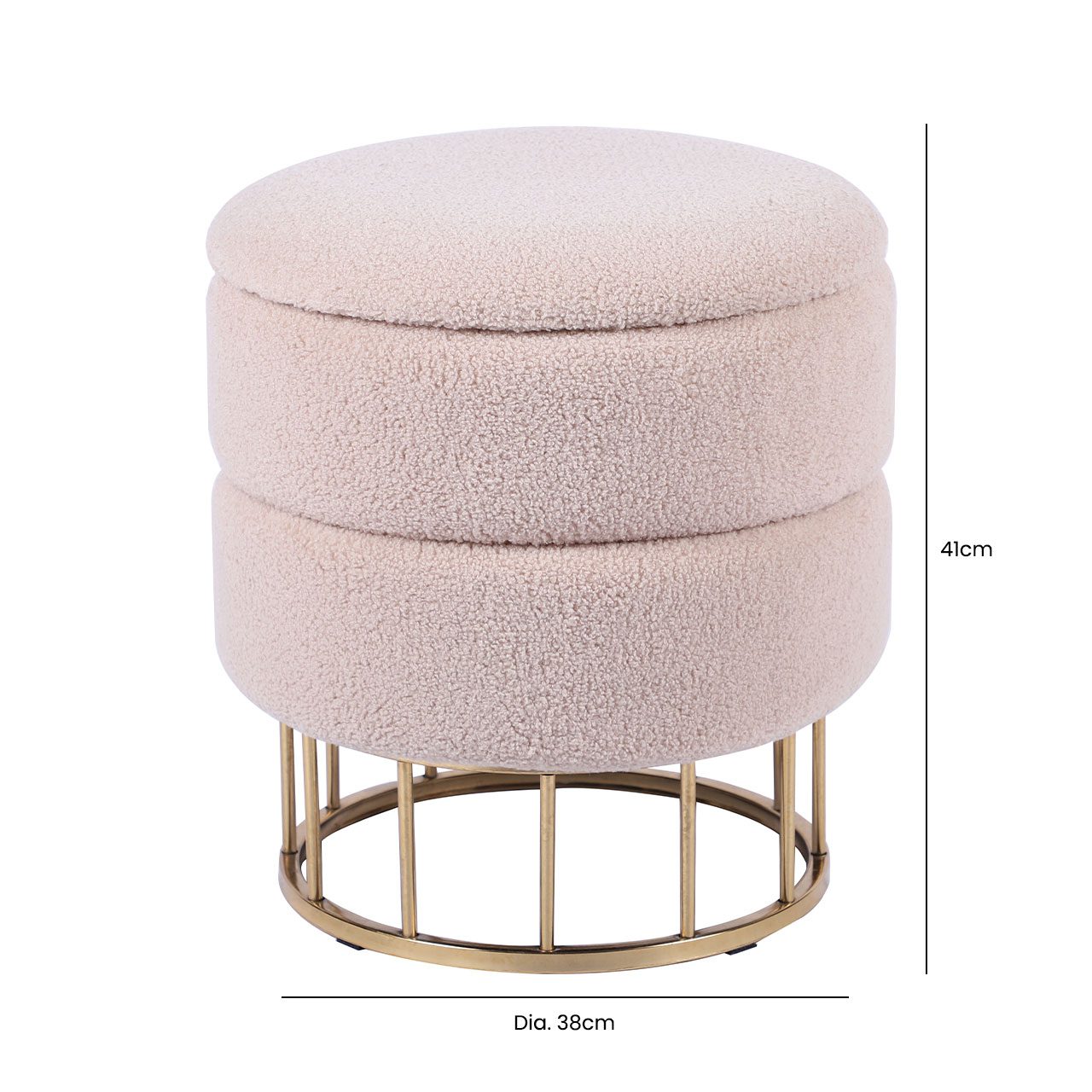 Beige Boucle Round Storage Stool With Gold Legs - Kd
