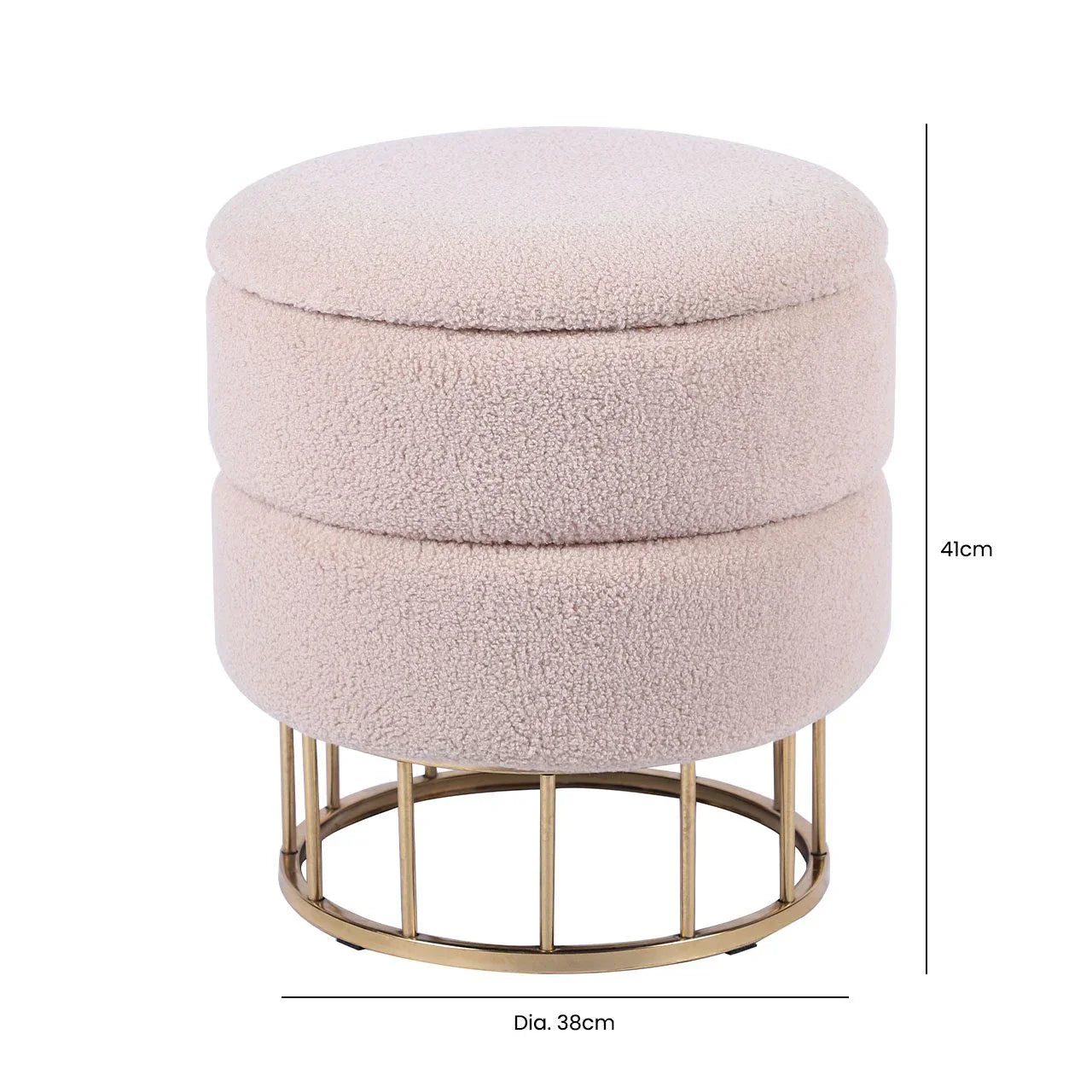 Beige Boucle Round Storage Stool With Gold Legs - Kd