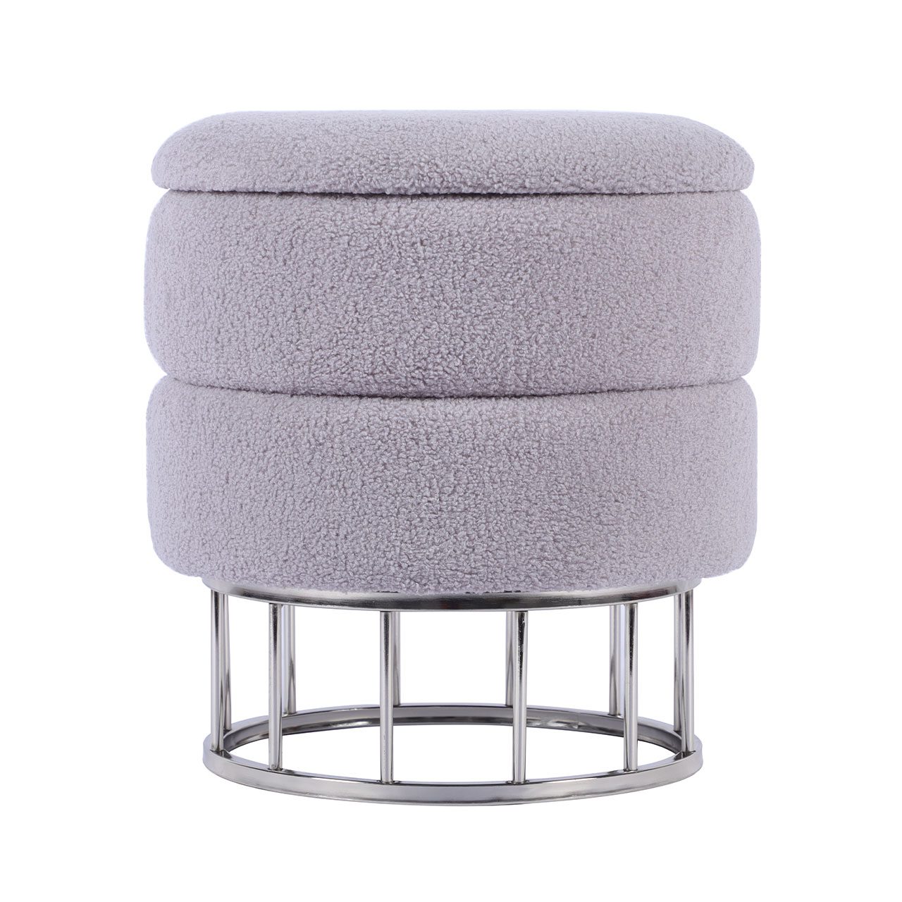 Grey Boucle Round Storage Stool With Chrome Legs