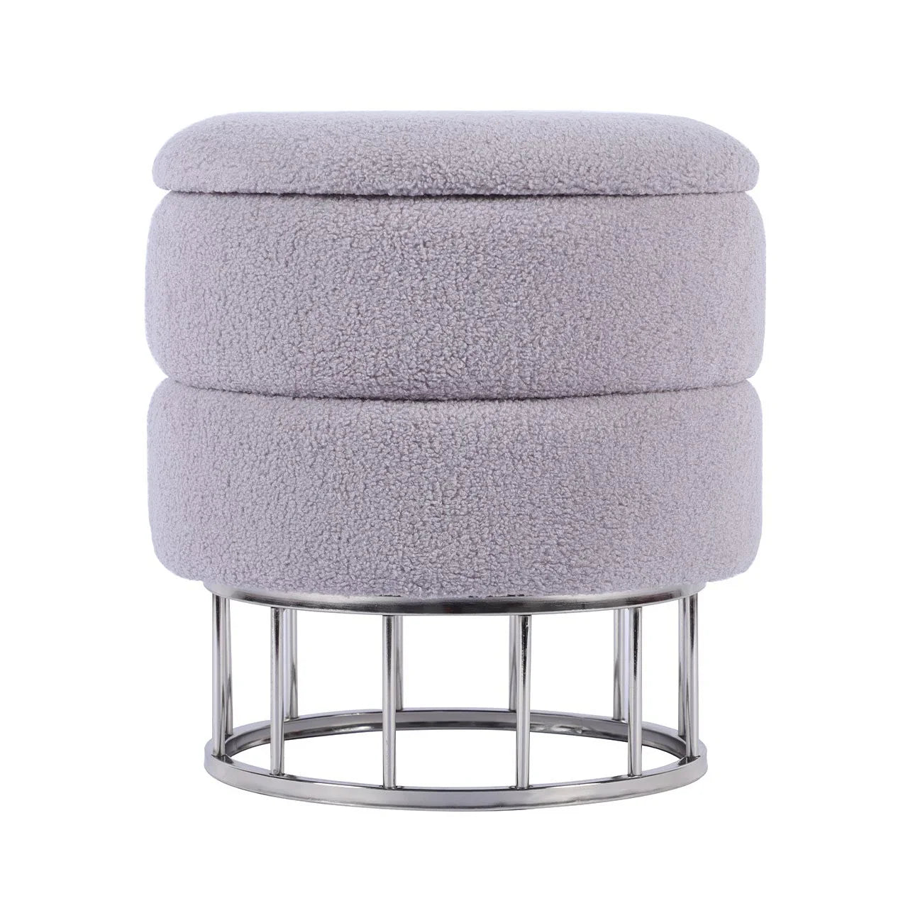 Grey Boucle Round Storage Stool With Chrome Legs