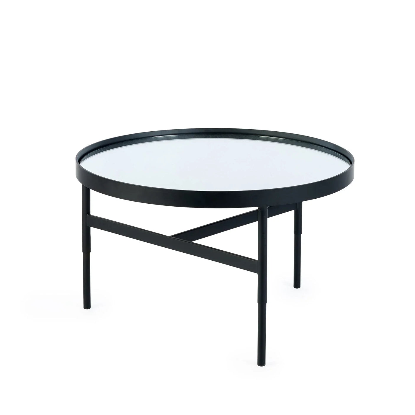 Round glass coffee table with black metal frame and cross-legged base on white background