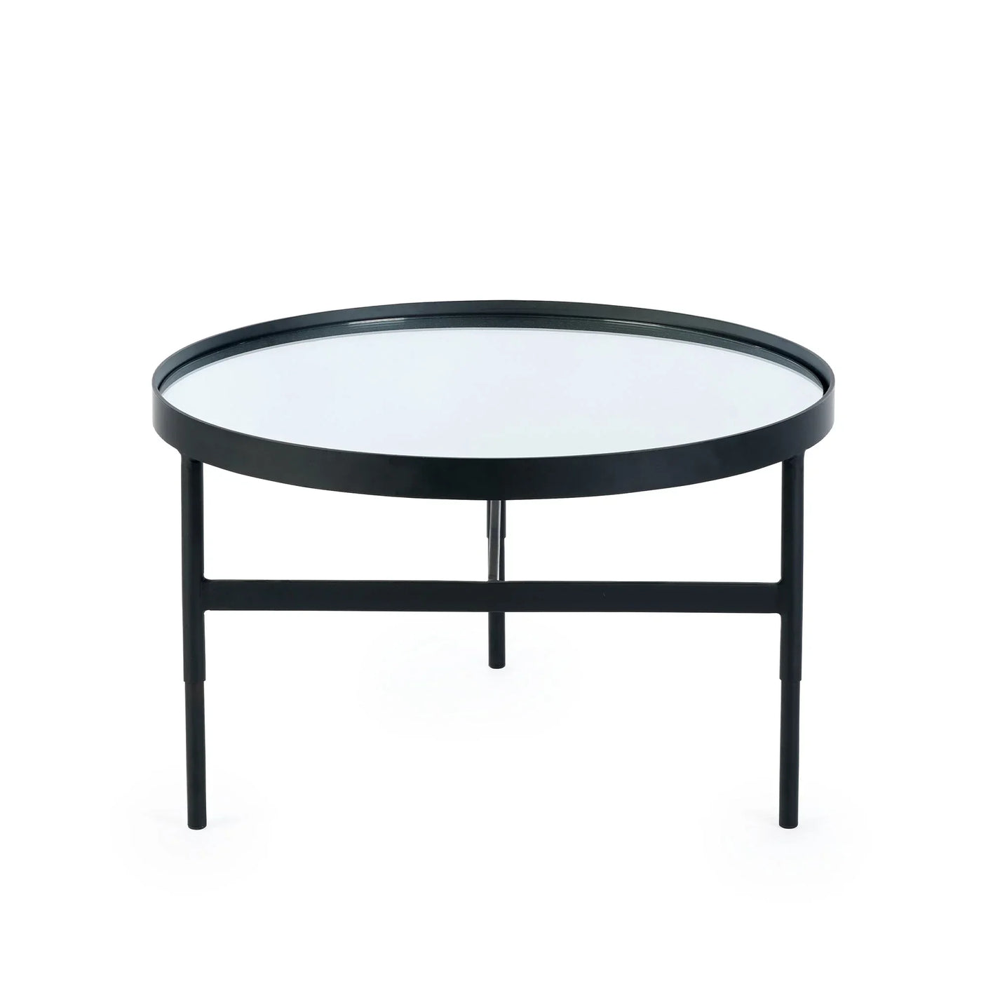 Round glass coffee table with black metal frame and legs, isolated on white background