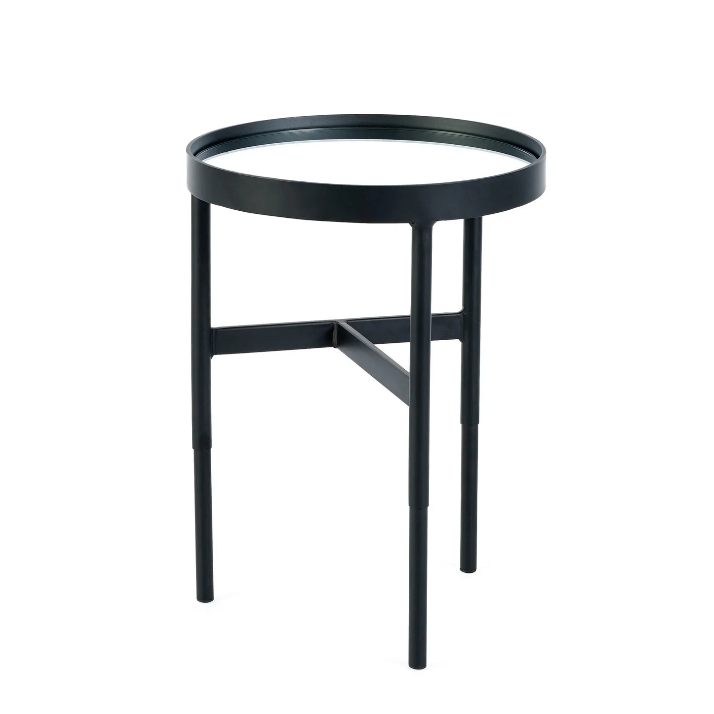 Round black metal table with glass top and three legs on white background