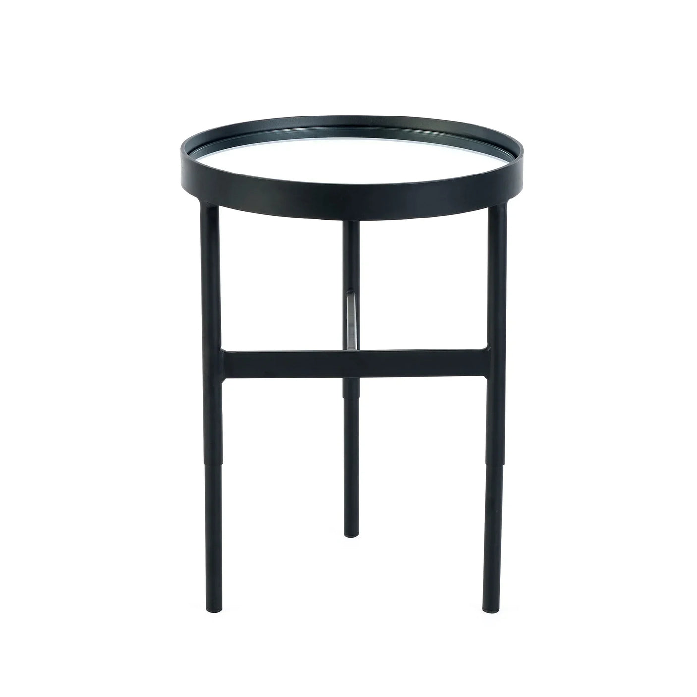 Round black glass lamp table with slim metal frame and mirrored top