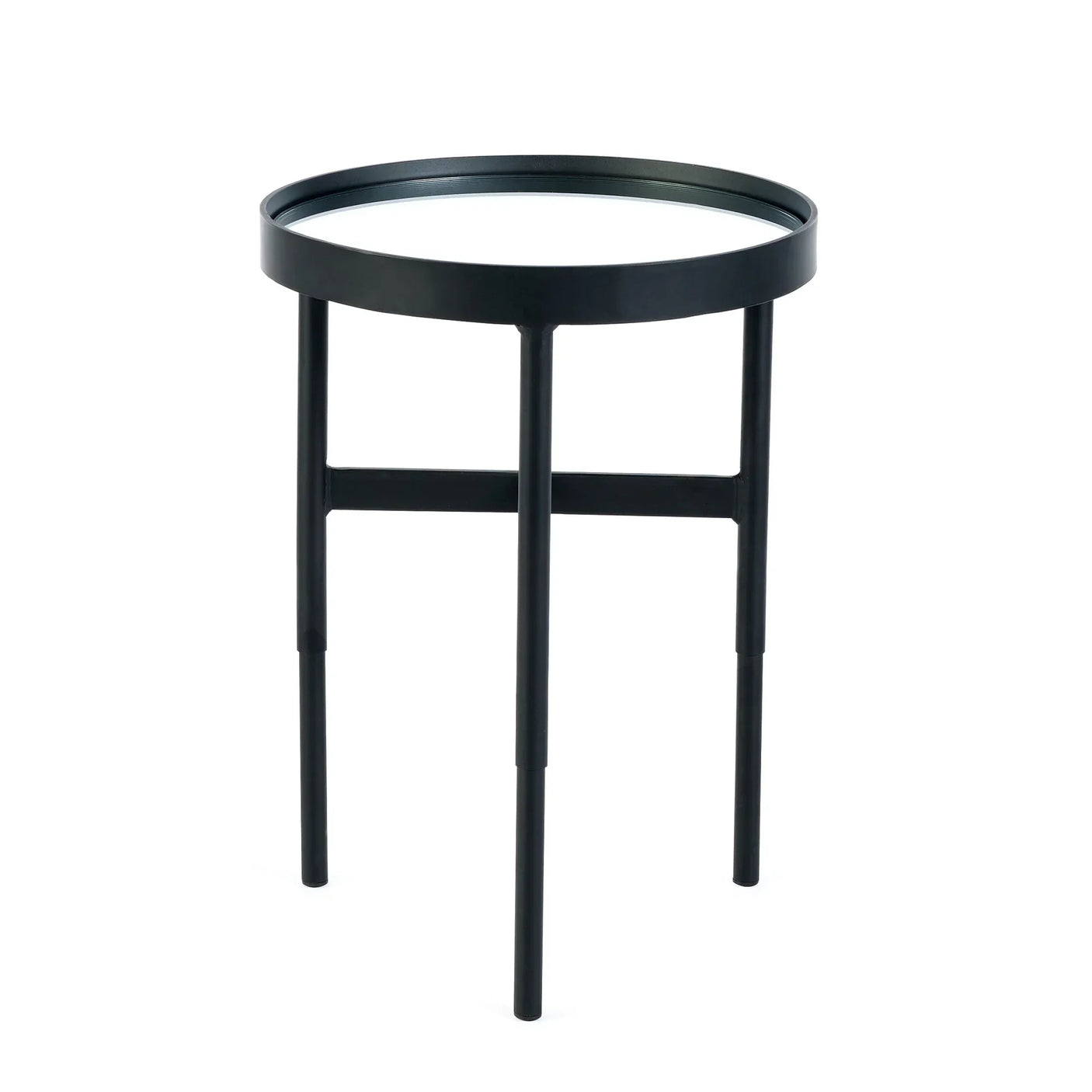 Black metal glass lamp table with round mirrored top and three legs