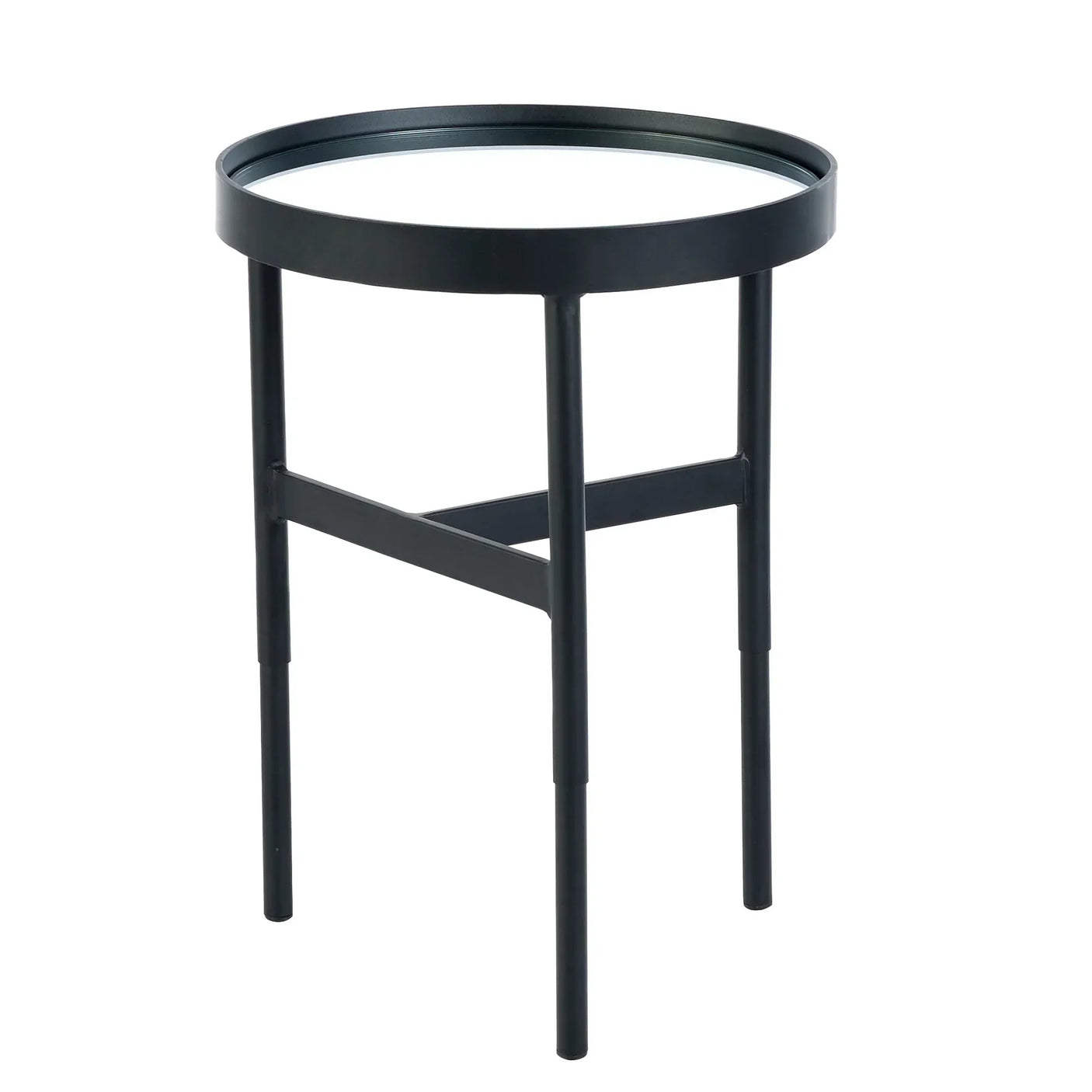 Round black metal and glass lamp table with three legs and crossbar detail