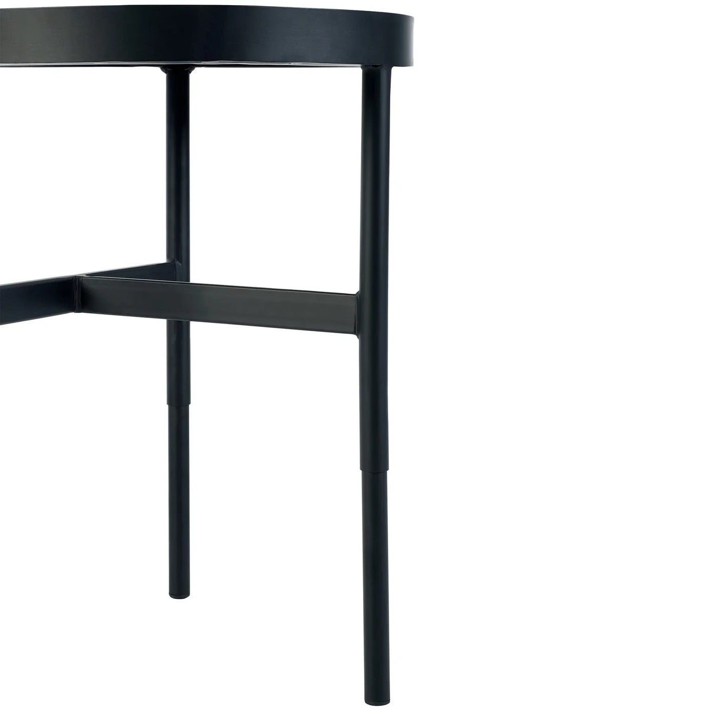 Black metal table legs with round edge detail on glass lamp table