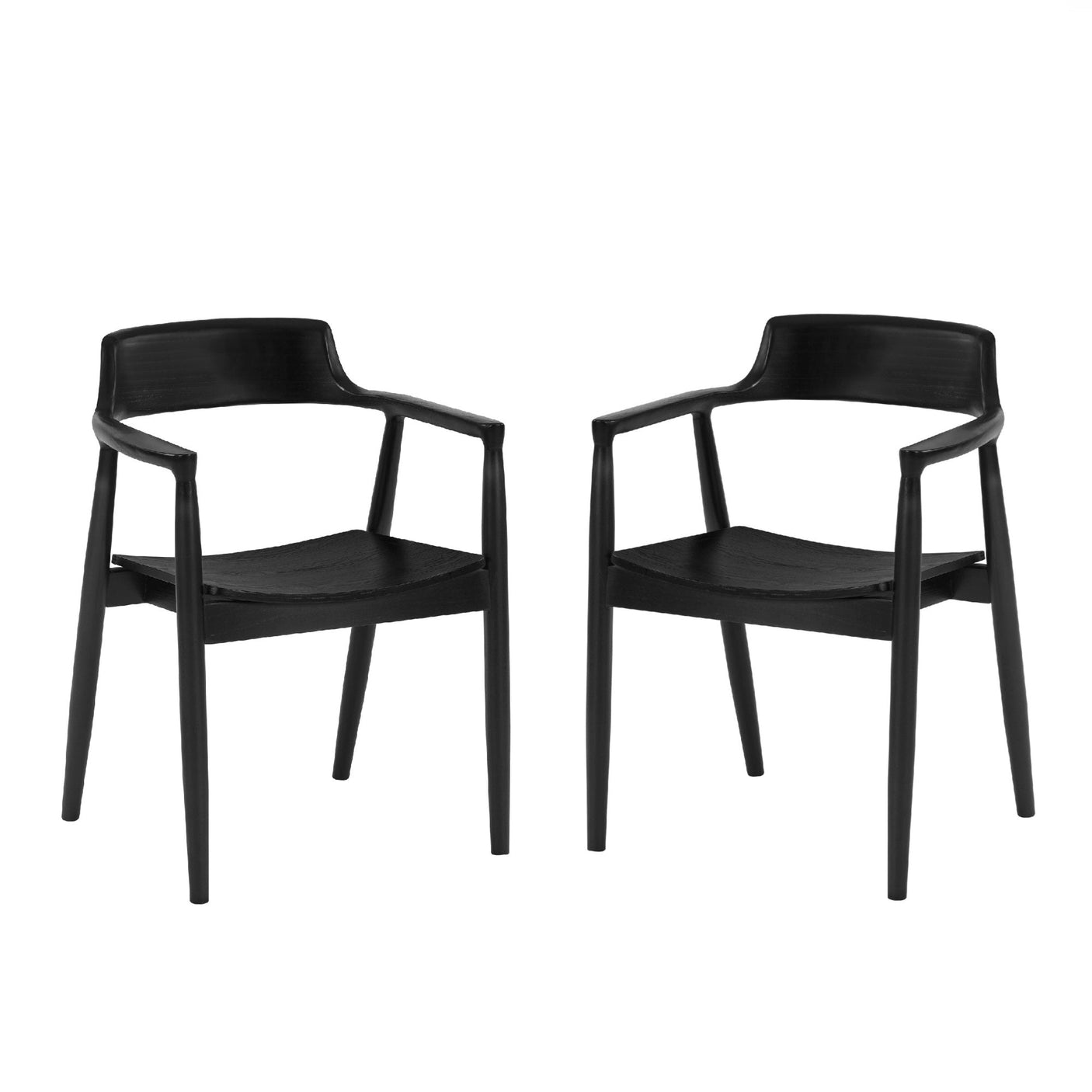 Front view of two black wooden dining chairs with rounded backs and armrests isolated on white background