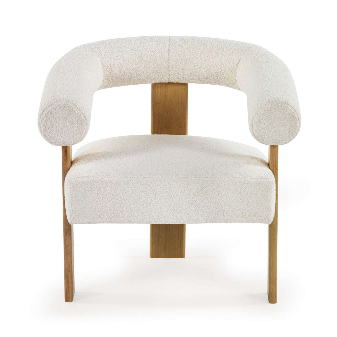 Front view of cream boucle armchair showing wide seat, rounded backrest, and oak legs on white background.