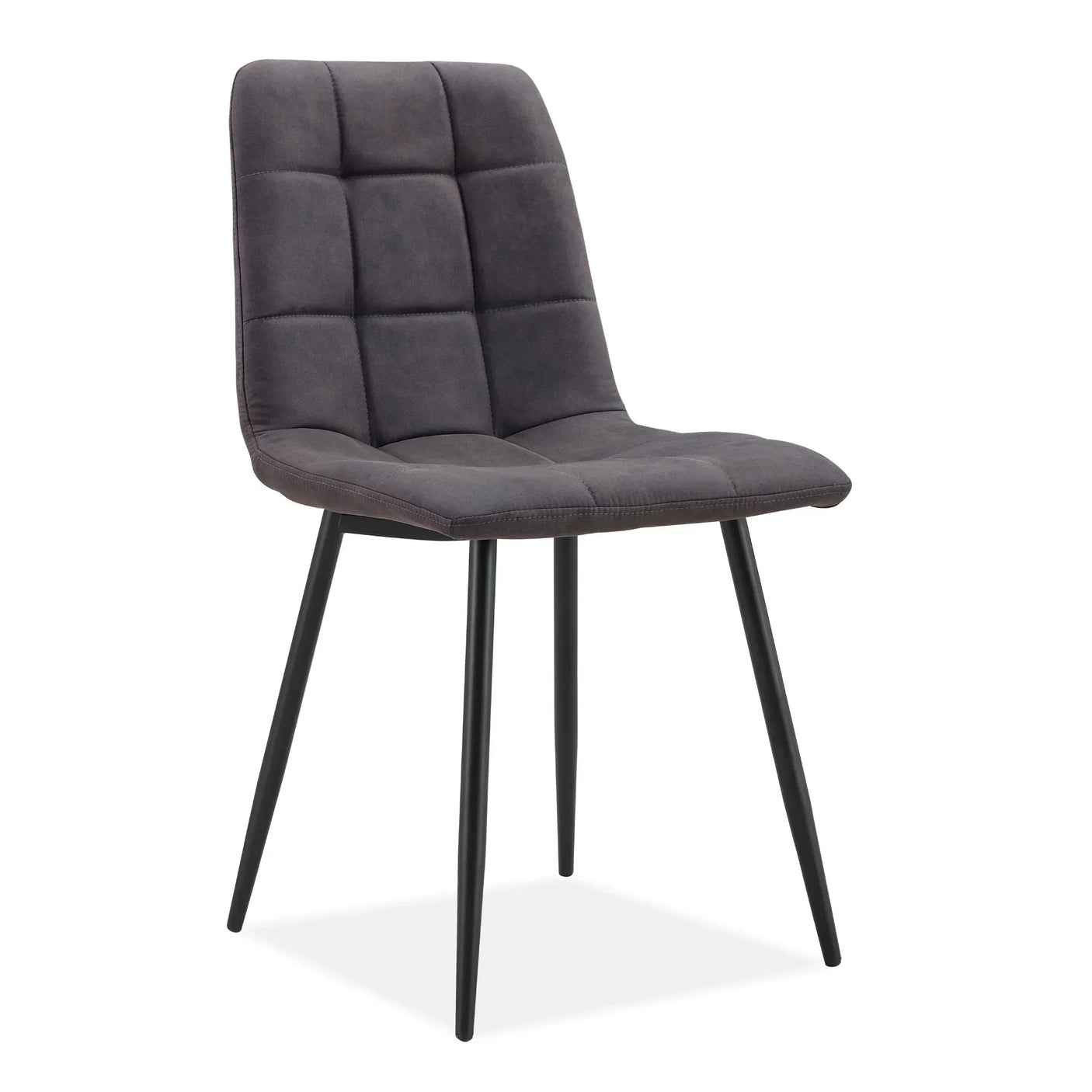 Charcoal fabric dining chair with black metal legs and square stitched backrest, angled view