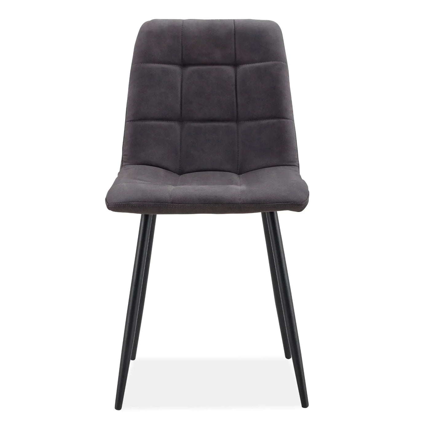 Charcoal upholstered dining chair with grid-stitched seat and black metal legs, front view