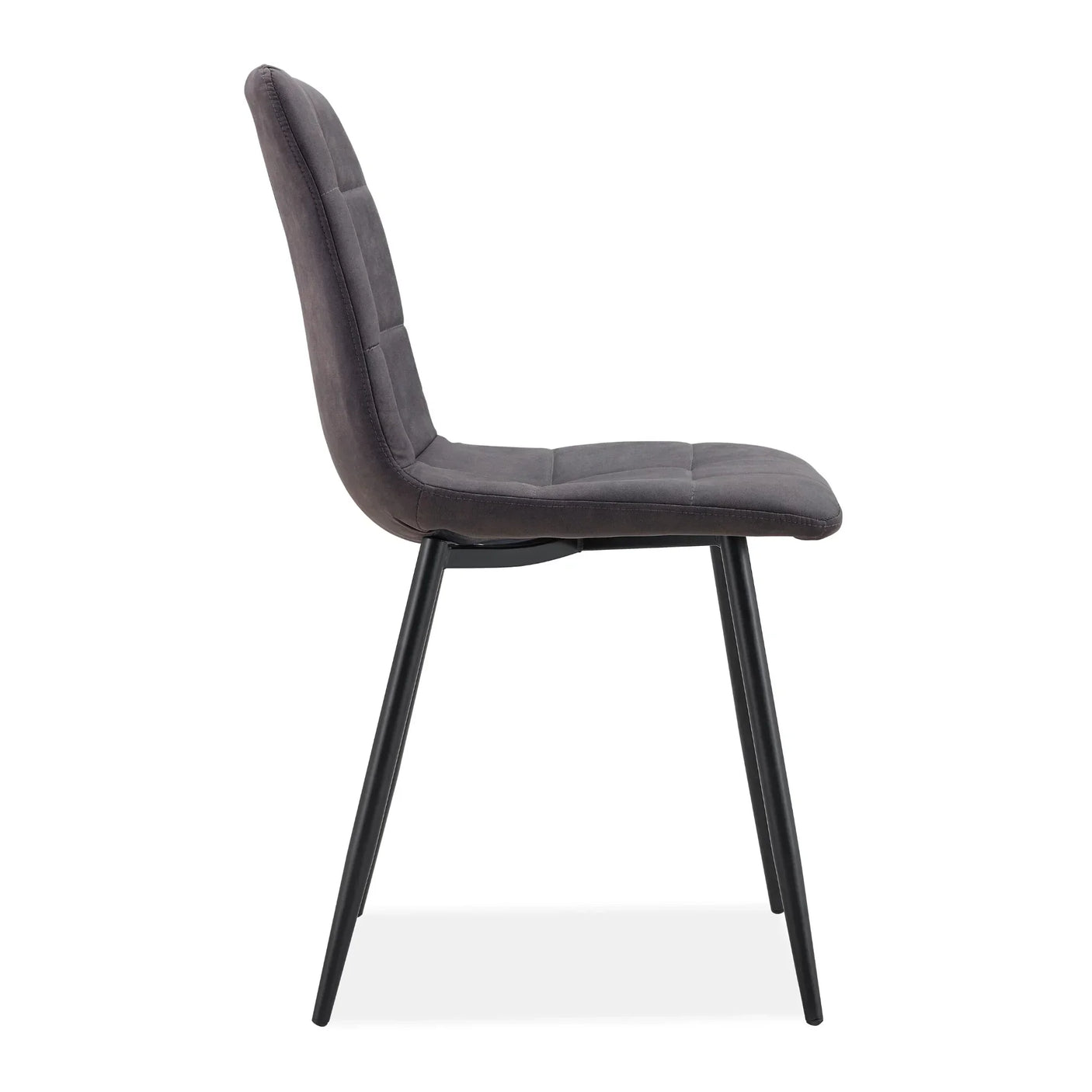 Charcoal fabric dining chair with metal legs side view