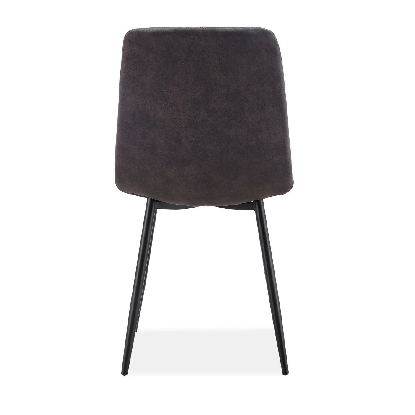 Dark brown dining chair with black metal legs shown from the back view