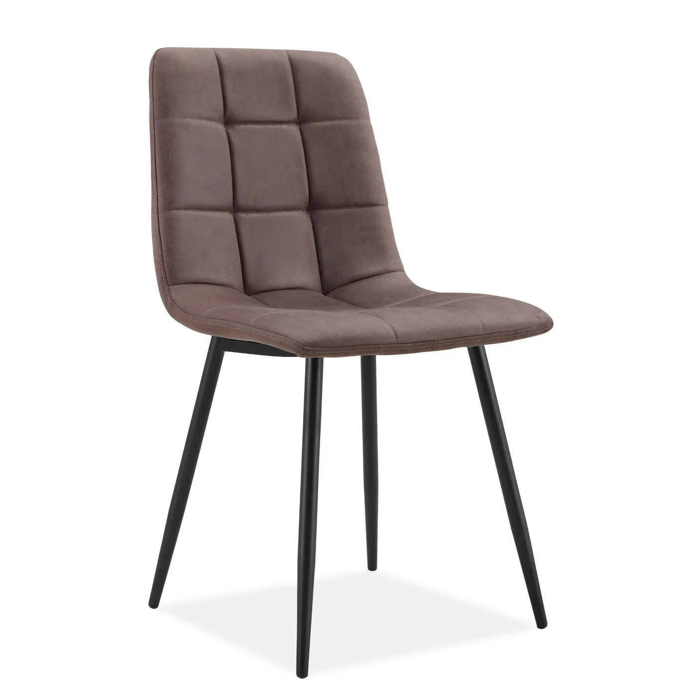 Brown upholstered dining chair with black metal legs and grid-stitched backrest