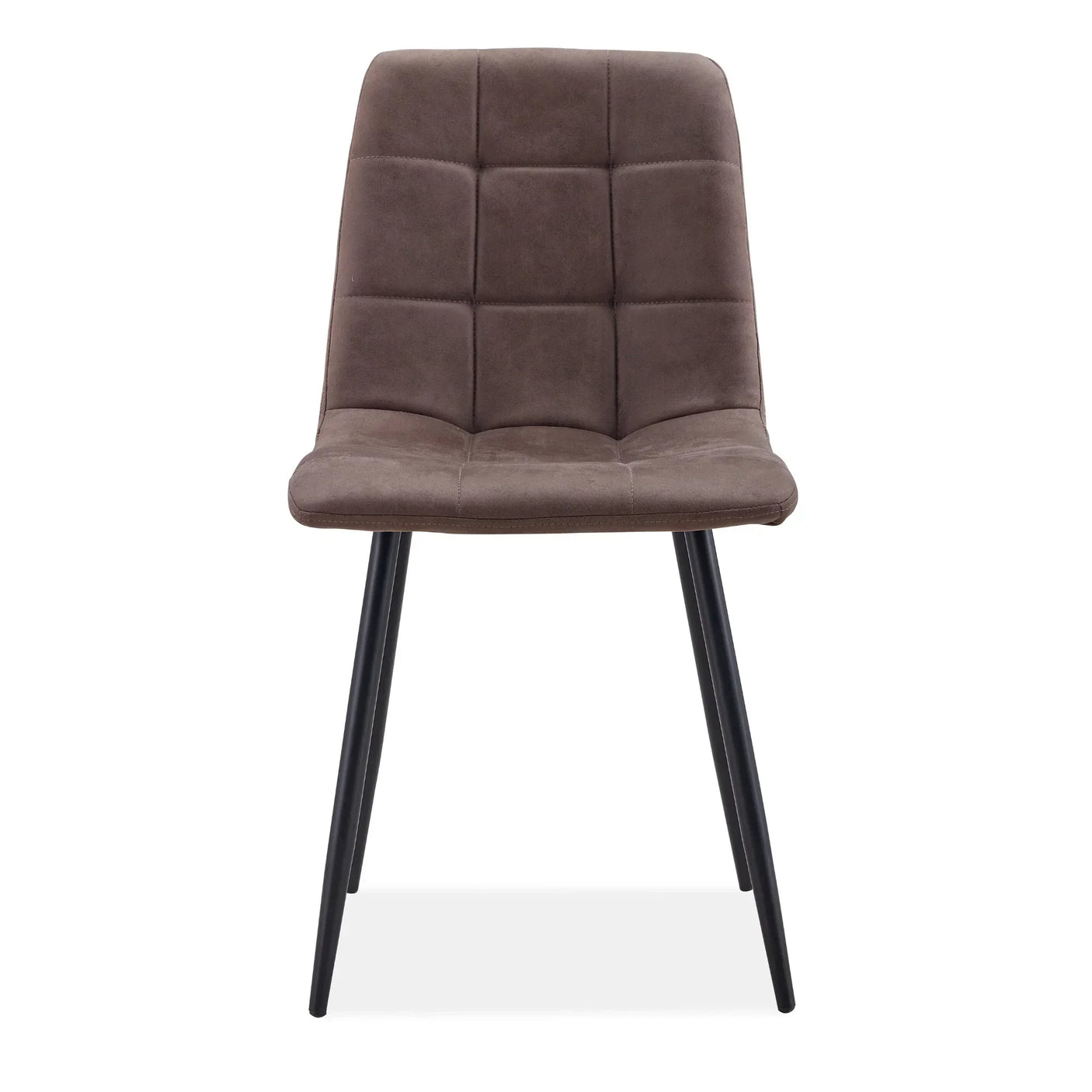 Brown suede dining chair with quilted seat and black metal legs, front view