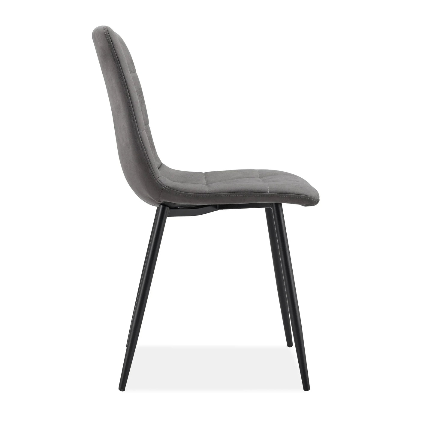 Grey dining chair with padded seat and black metal legs, side profile view