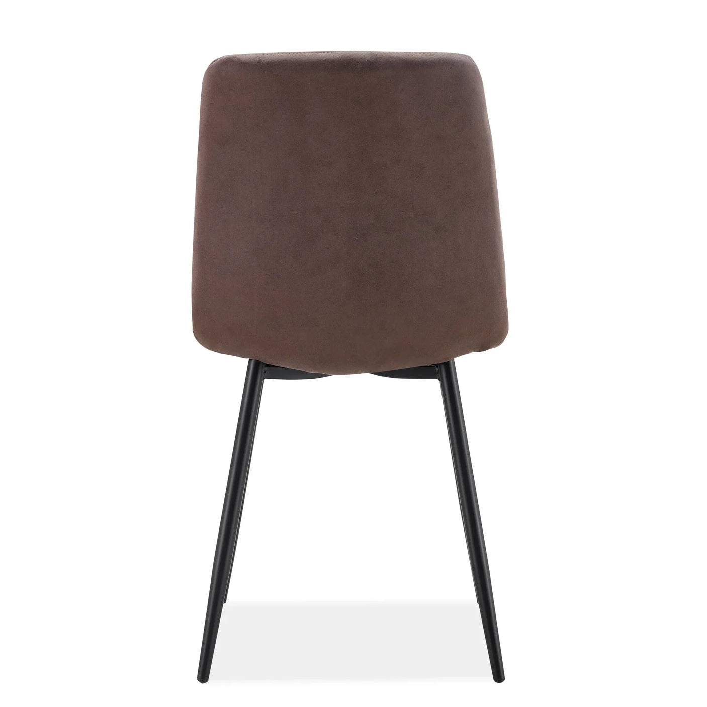Brown dining chair with black metal legs, rear view highlighting curved backrest