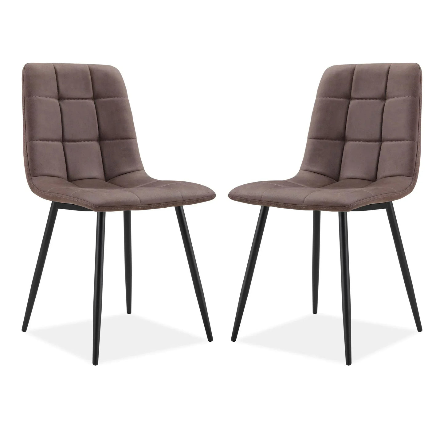 Pair of brown fabric dining chairs with black metal legs and stitched square pattern seats