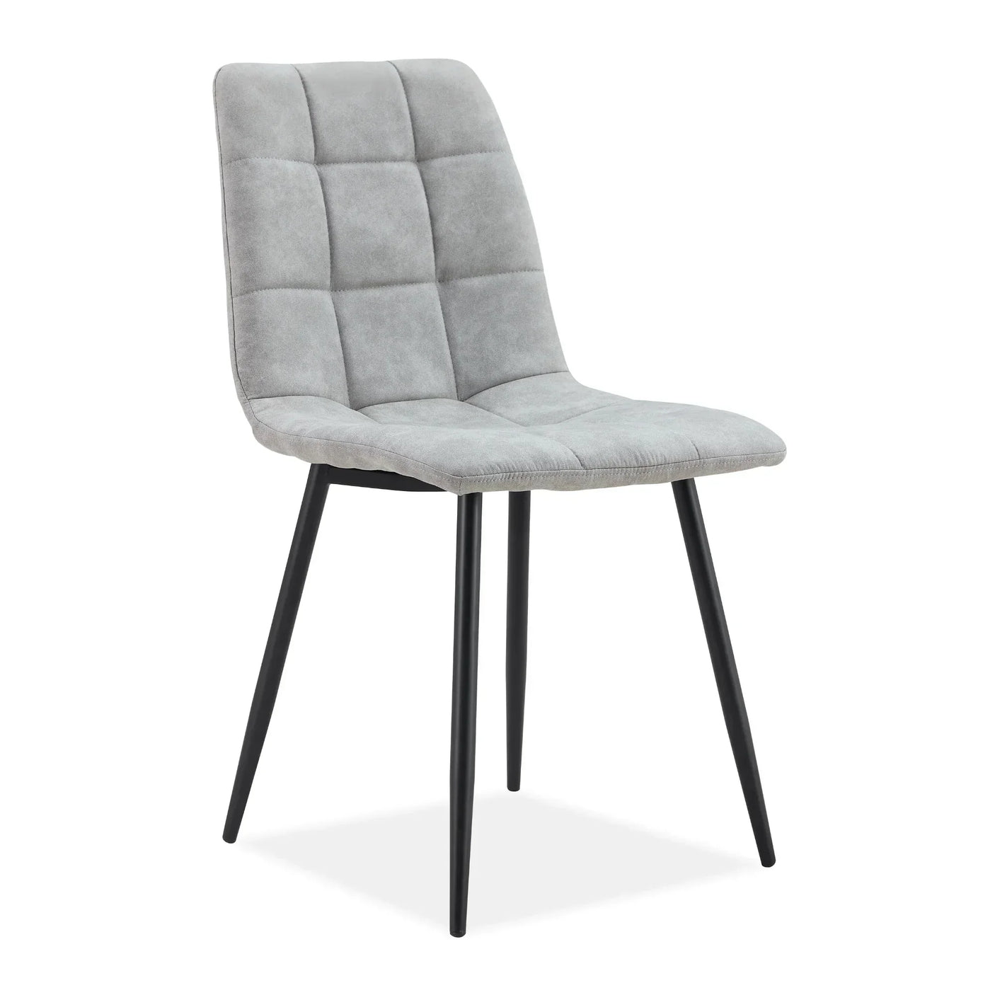 Grey fabric dining chair with padded seat, black metal legs, front three-quarter view